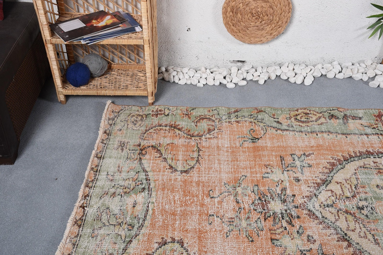 4,6×8,6 ft Area Turkish Vintage Rug, Orange Check Wool Rug