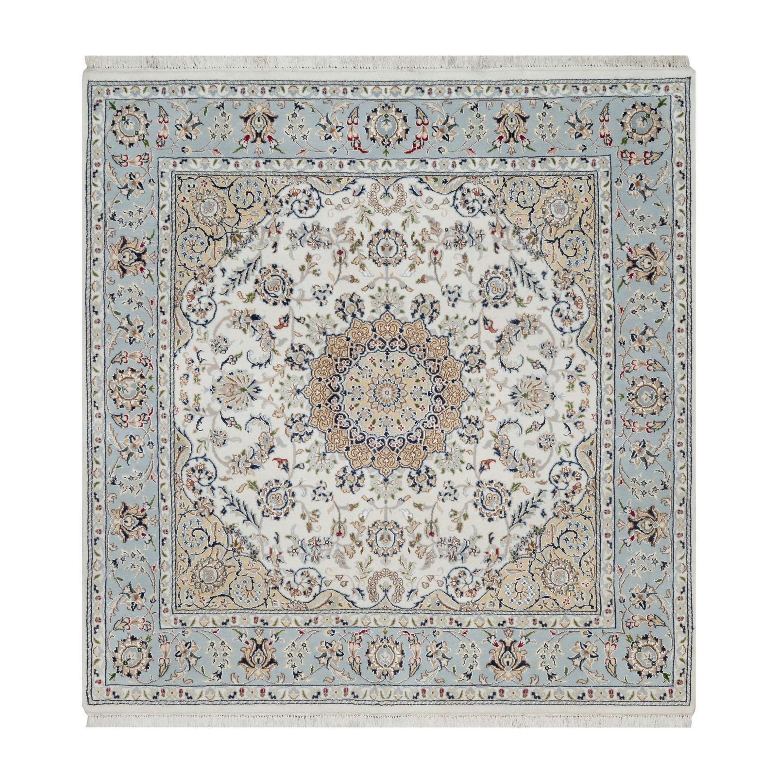 5’9″x5’9″ Alabaster White 250 Nain Hand Knotted Wool and Silk Square Rug R91021
