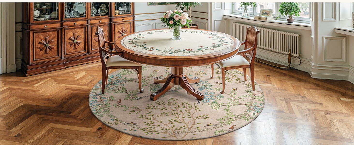 Yarden Round Rugs 5ft Beige Botanical Birds Print Machine Washable 5′ Circle