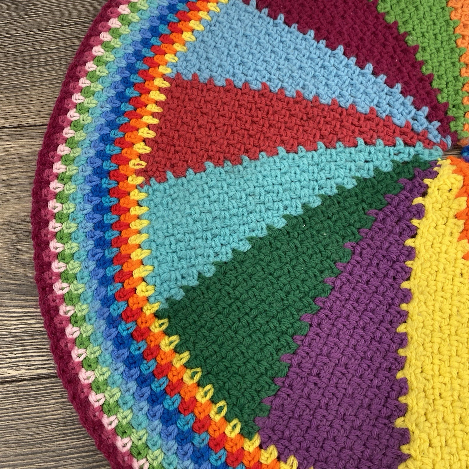 Vintage Handmade 25” Round Spiral Rainbow Knitted Pride Tapestry Table Piece