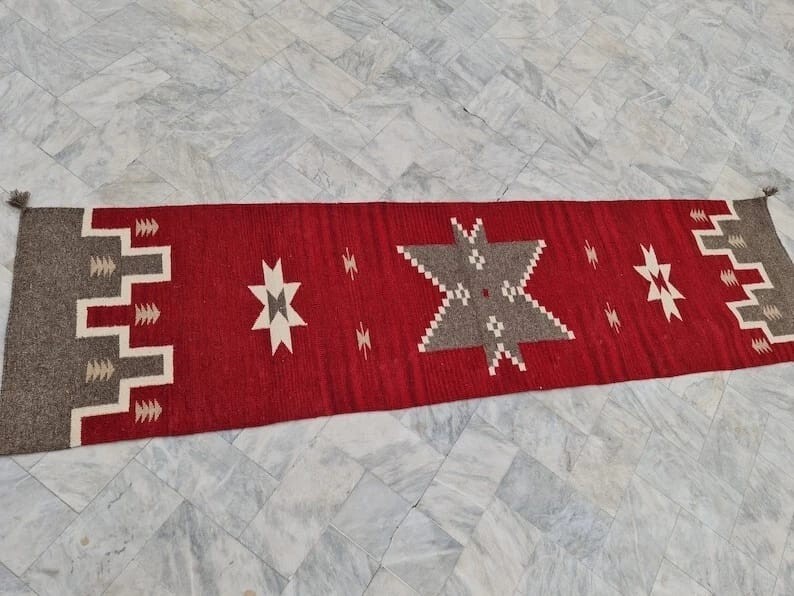 2.6×8 ft Southwest Red Navajo Wool Long Rug Runner Native American Style Tribal