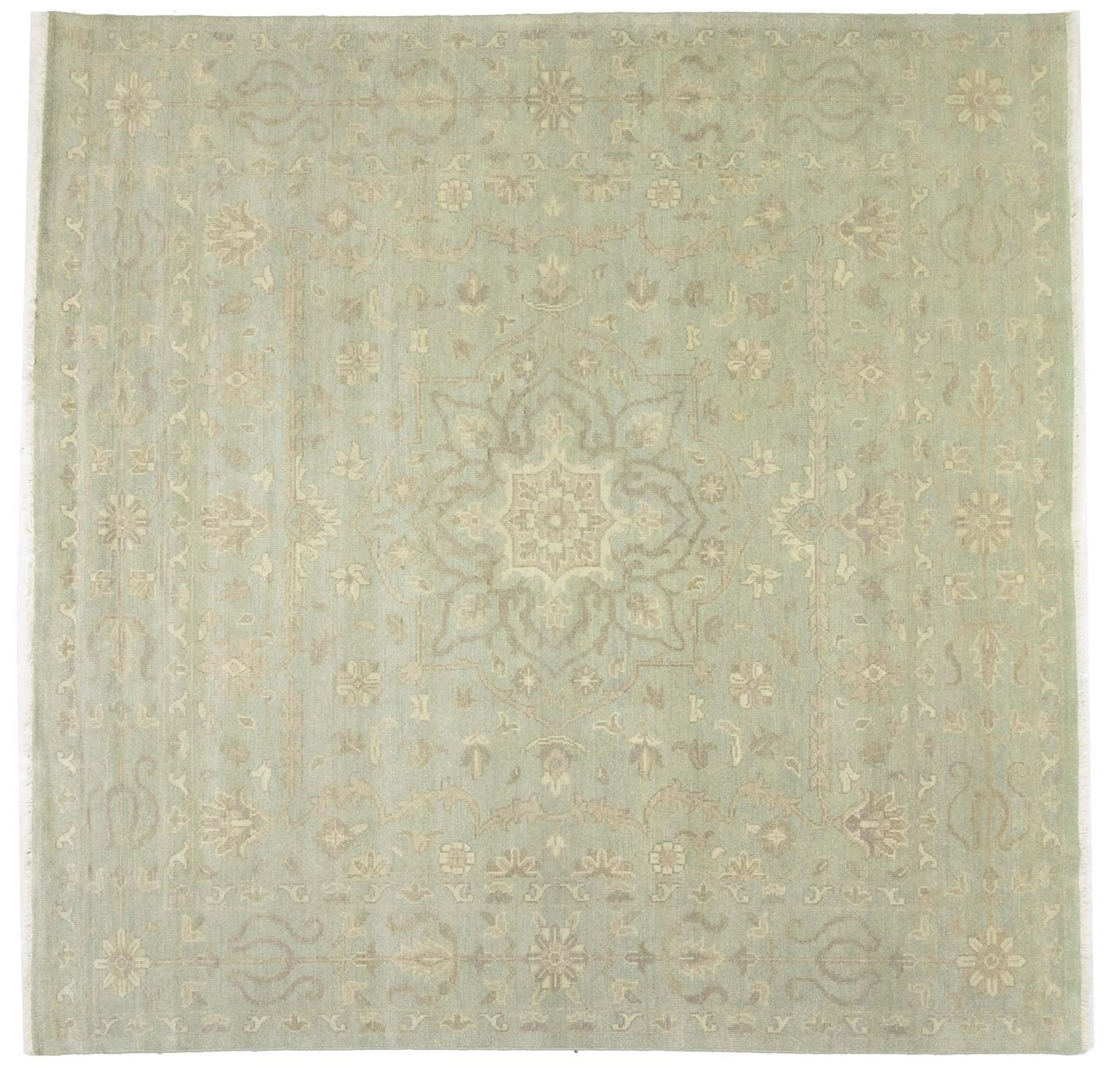 8×8 ft Handmade Floral Transitional Square Oriental Rug Muted Aqua Green Carpet