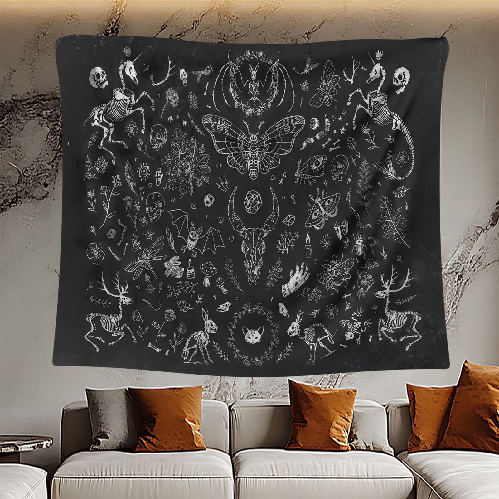 Gothic Black Tapestry, Dark Aesthetic Wall Hanging, Occult Skeleton Art, Mystica