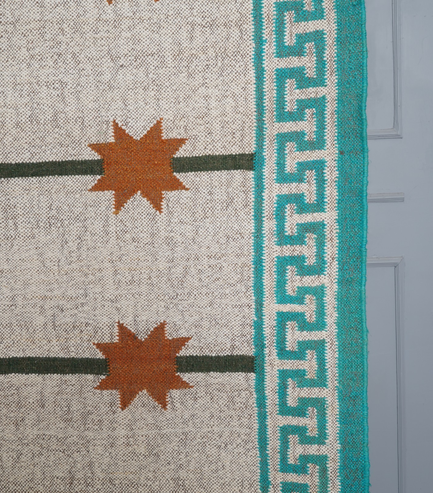 Handmade Area Rug Turquoise, Rust Brown & Natural Ivory Starburst Geometric Rugs