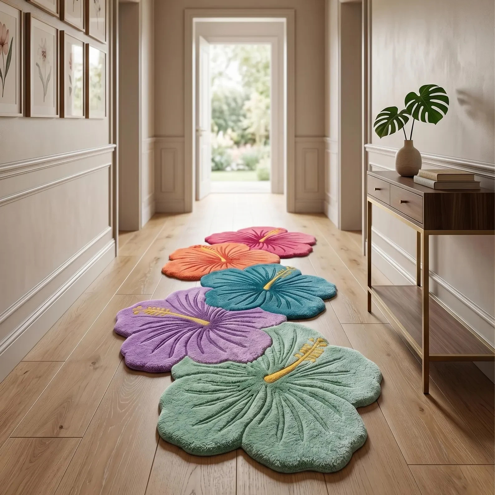 Hand Tufted Hibiscus Flower Wool Rug, Colorful Tropical Botanical Carpet