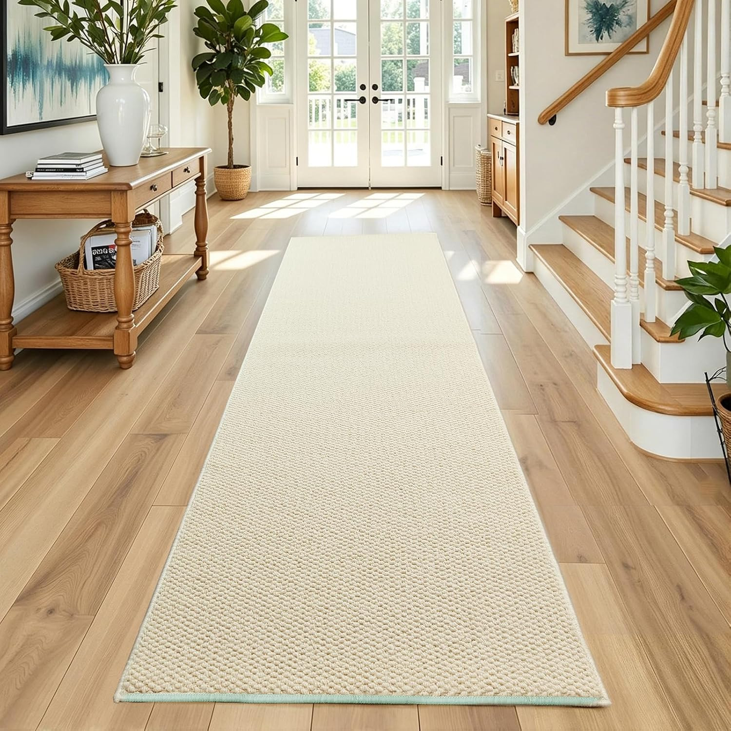 Faux Jute Rug Runner 2’X6′, Washable & Non-Slip, White | 0.27″ Low Pile Hallway