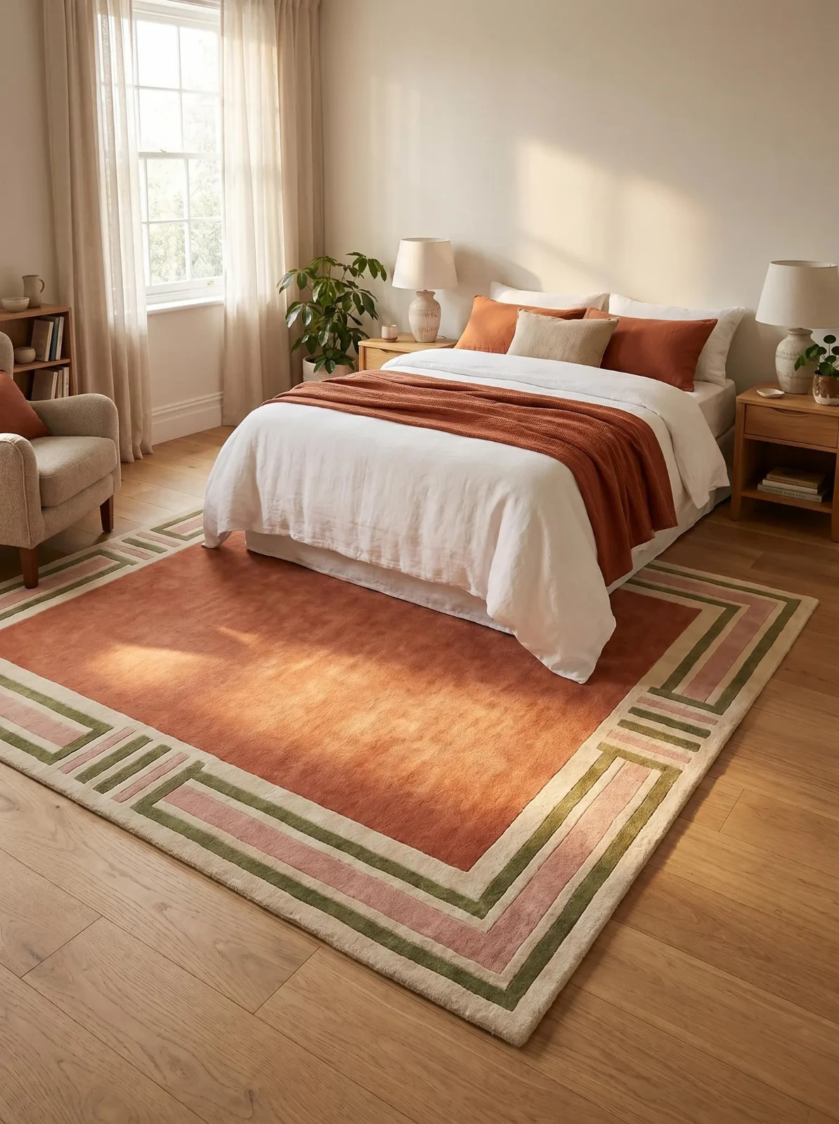 Hand Tufted Wool Rug 9×12 Large Modern Geometric Border Rug, Terracotta Area Rug