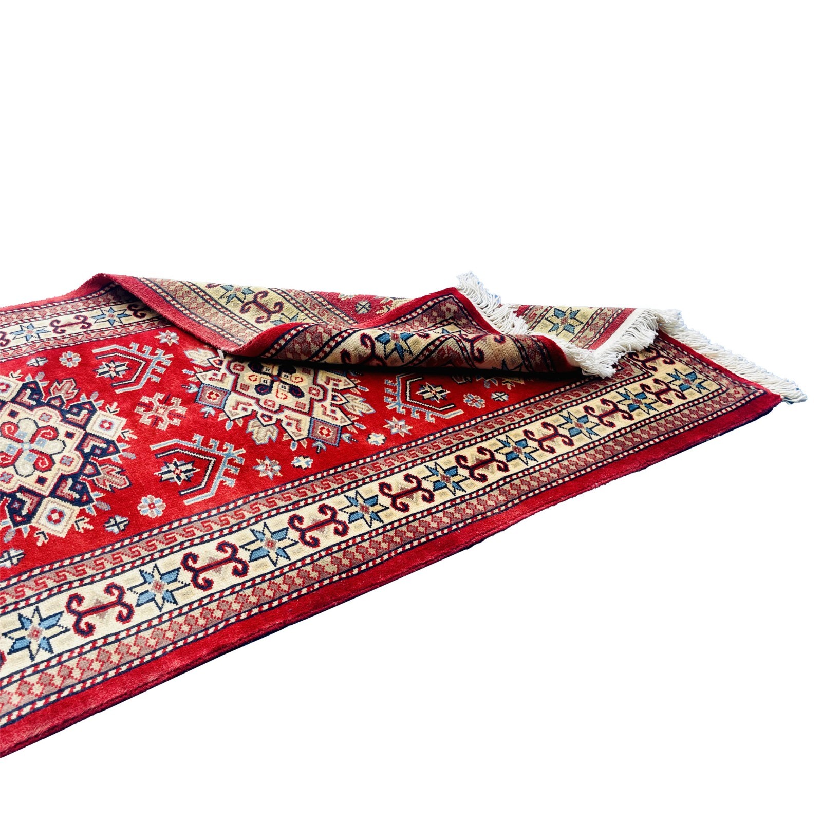 Area Rug Red Kafkazi Geometric Hand Knotted Wool Silk Indoor Carpet (4.0 x 2.7)’
