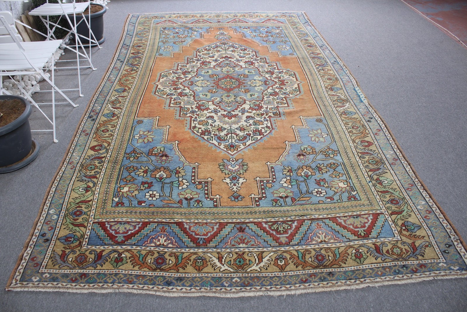 Vintage Turkish Oversize Rug 6,5×11,2 ft, Blue Brown Oriental Rug