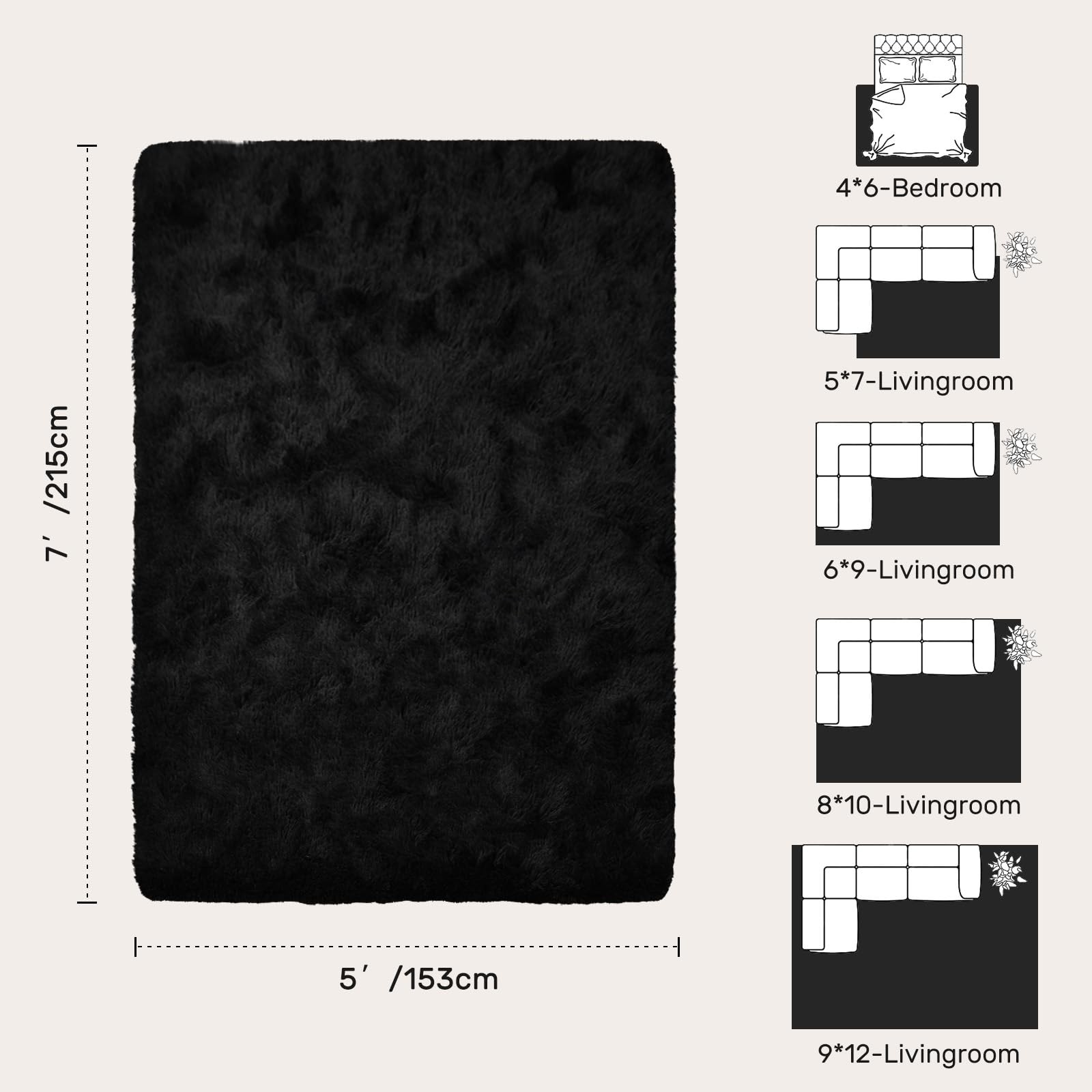 5X7 Black Area Rugs for Living Room, Large Fluffy Shag Bedroom Rugs Non-Slip, Ul