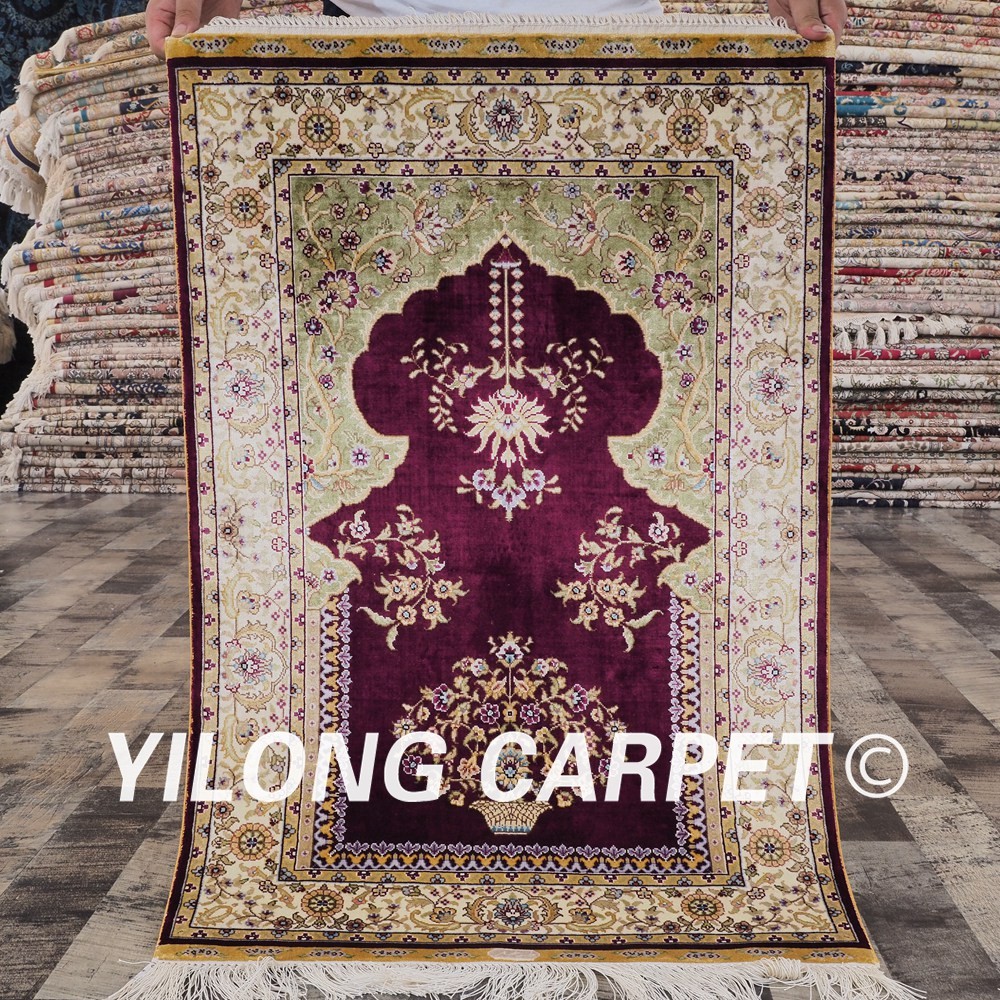 2x3ft Small Purple Hand-knotted Silk Carpet For Prayer Rug Living Room SWP008A