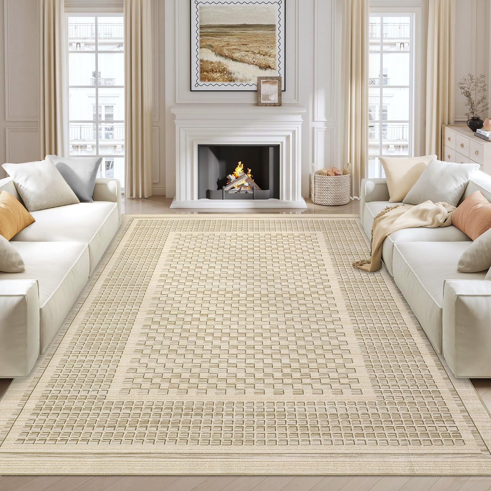Luxloom Washable Area Rug 9X12 Rug For Living Room Modern Plaid Large Area Rug