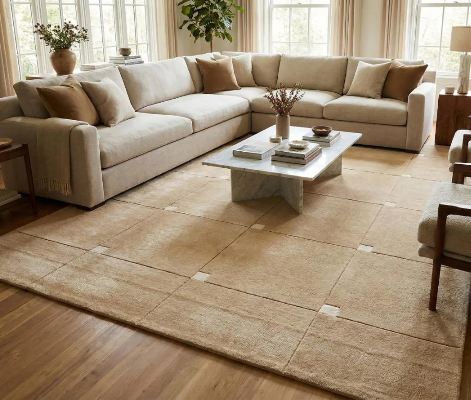 Luxury Hand Tufted Wool Rug Beige Modern Minimal Grid Area Rug, Soft Handmade