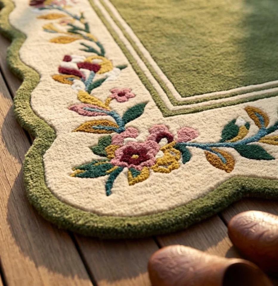 Luxury Hand Tufted Green Floral Border Area Rug – Premium Wool Carpet for Living