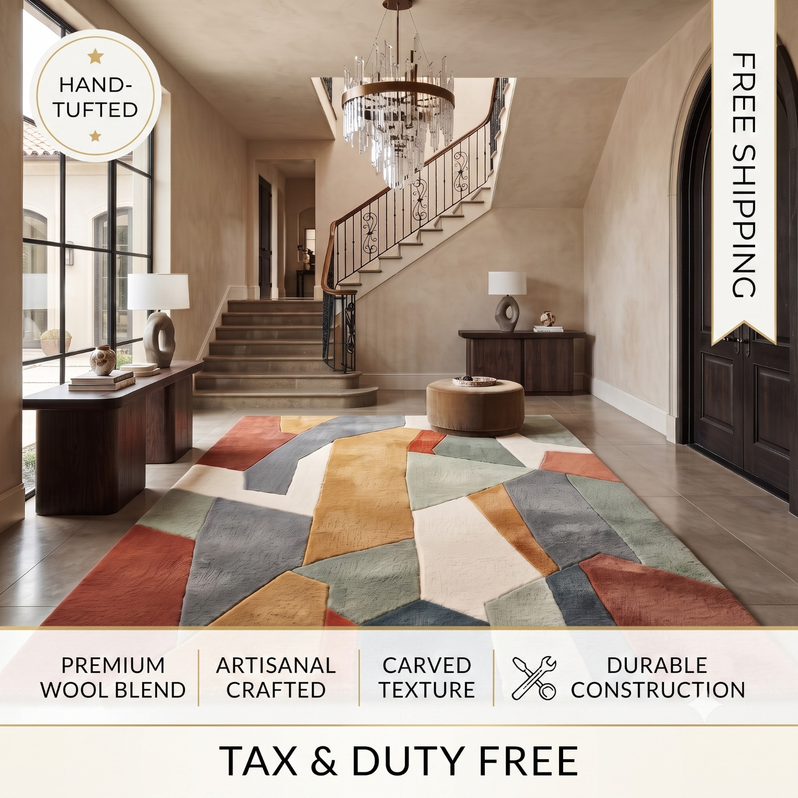 9×12 Hand Tufted Wool Area Rug Modern Abstract Geometric Design