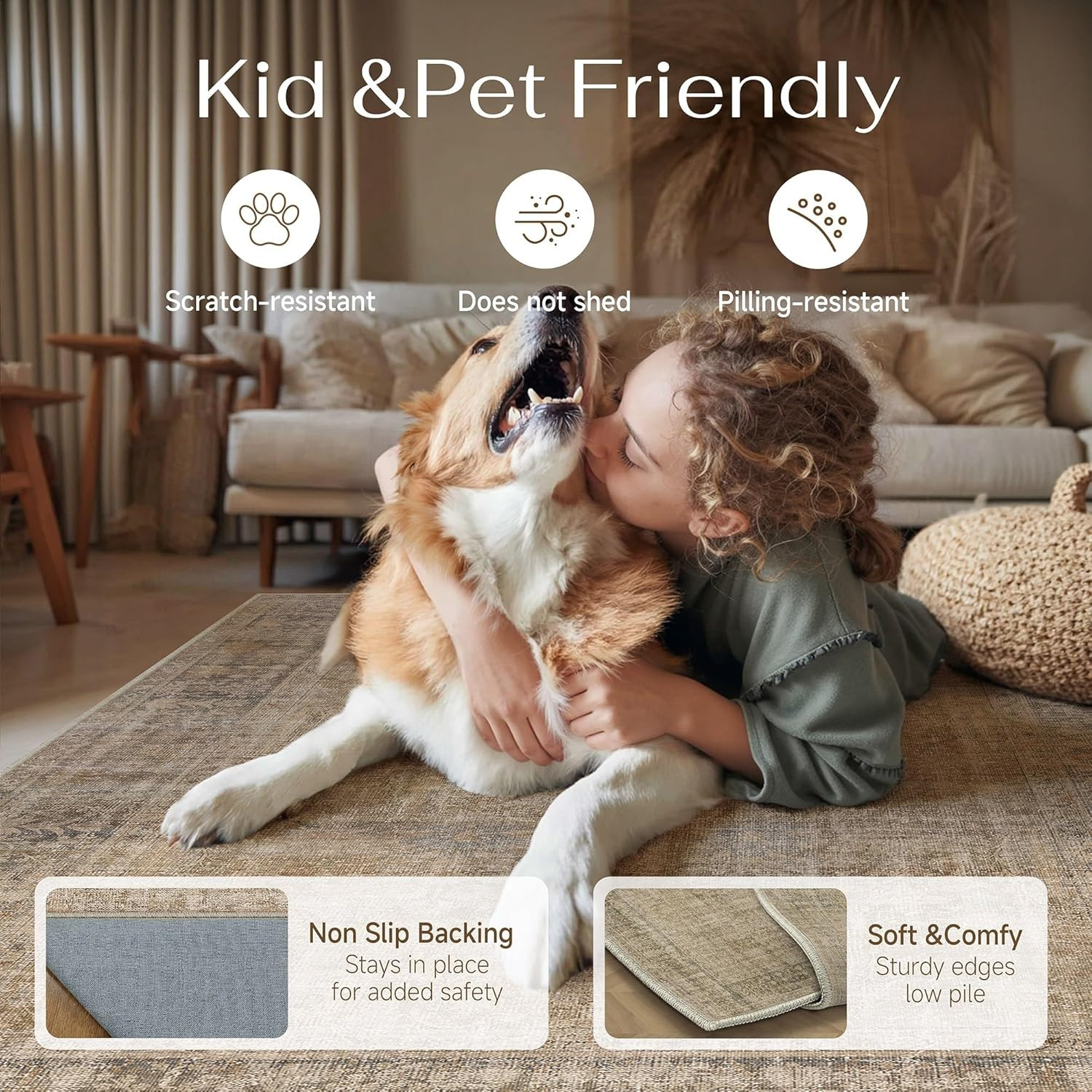 Brown 8×10 Washable Vintage Area Rug – Soft, Durable, Non-Slip, Stain Resistant