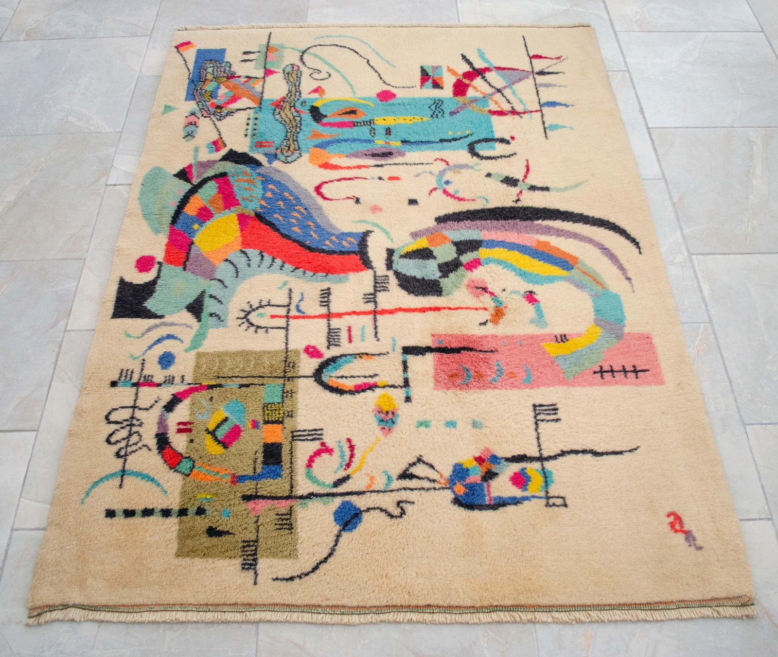Kandinsky Style Abstract Rug | Vintage Hand-Knotted Wool Art Carpet 3’7″ x 5’0″