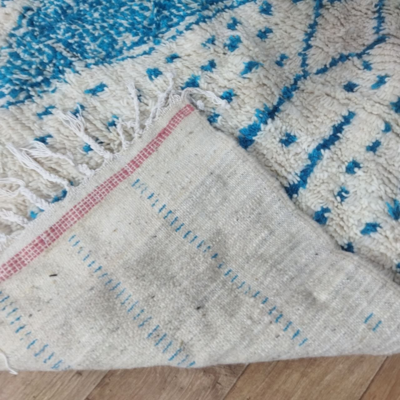 6’2×9’8 ft Moroccan Handmade Wool Rug Authentic Berber Hallway Blue White Rug