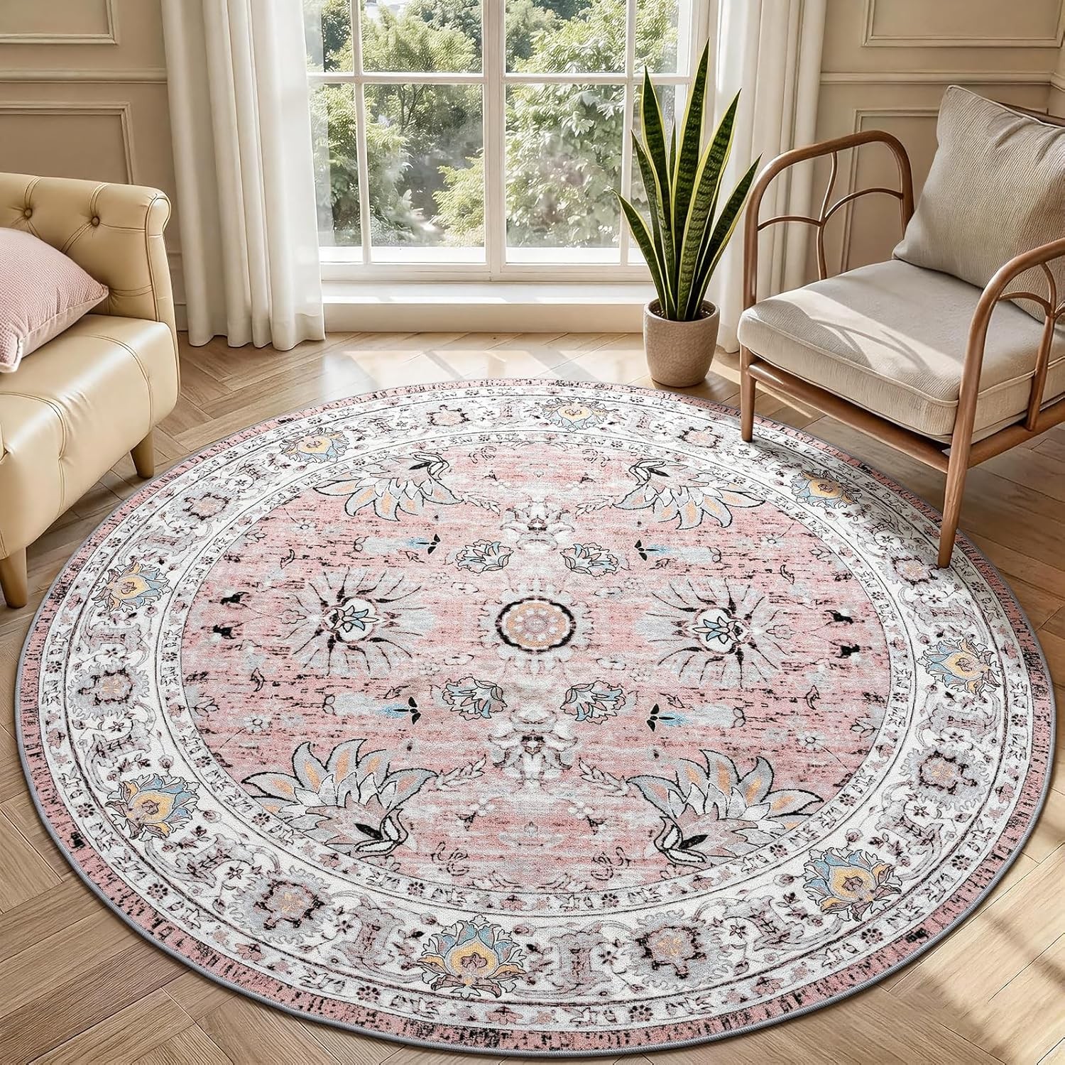 4ft Round Washable Area Rug, 4×4 Pink Circle Rugs for Living Room | Non-Slip Sta
