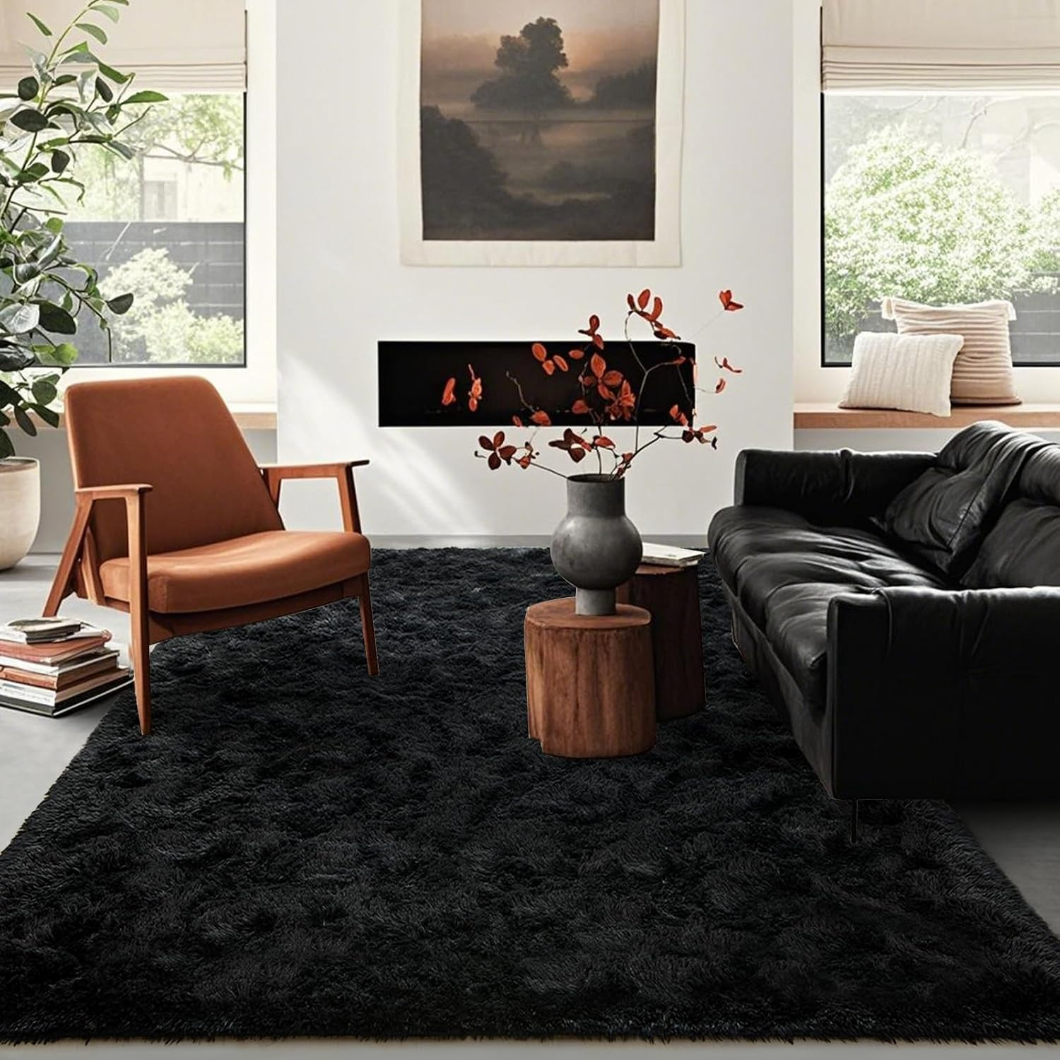 Black Rugs for Living Room Fluffy 5X8 Ft Bedroom Rug Non-Slip Area Rugs Shag Car