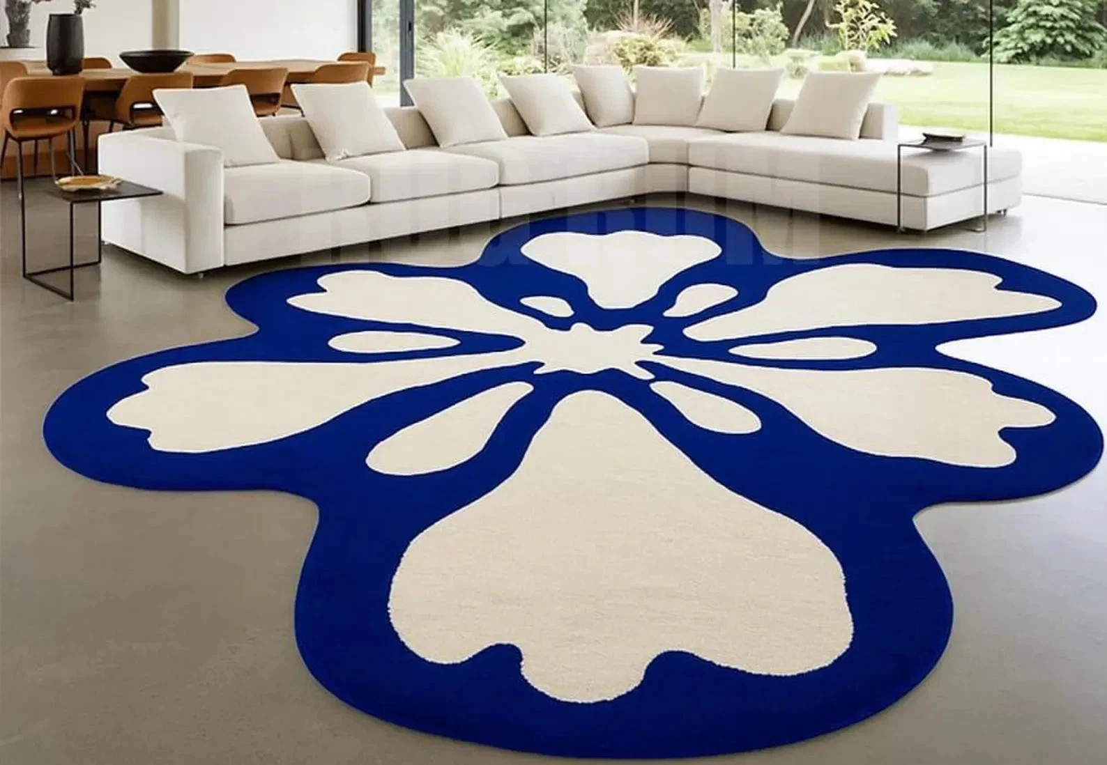 Oversized Floral Area Rug: Modern Blue & White Flower Carpet