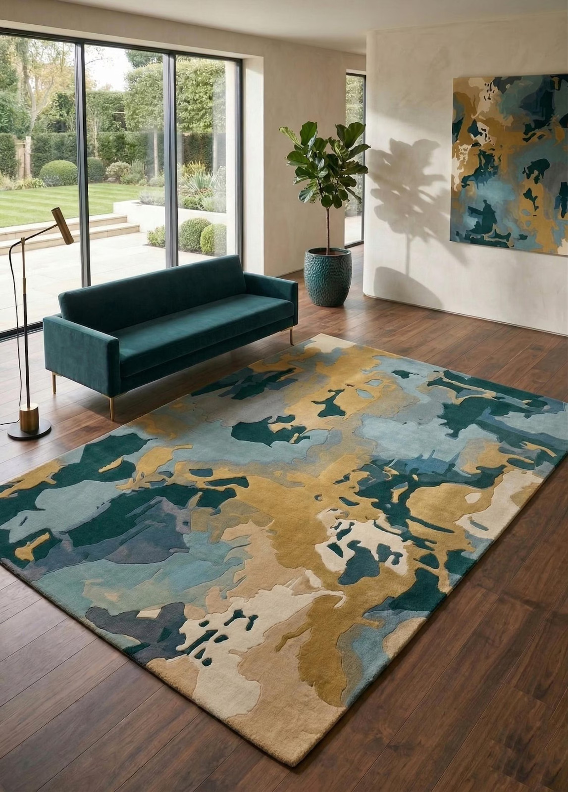 Hand Tufted Teal Gold Rug, Abstract Modern Wool Contemporary Artistic Area Rug.