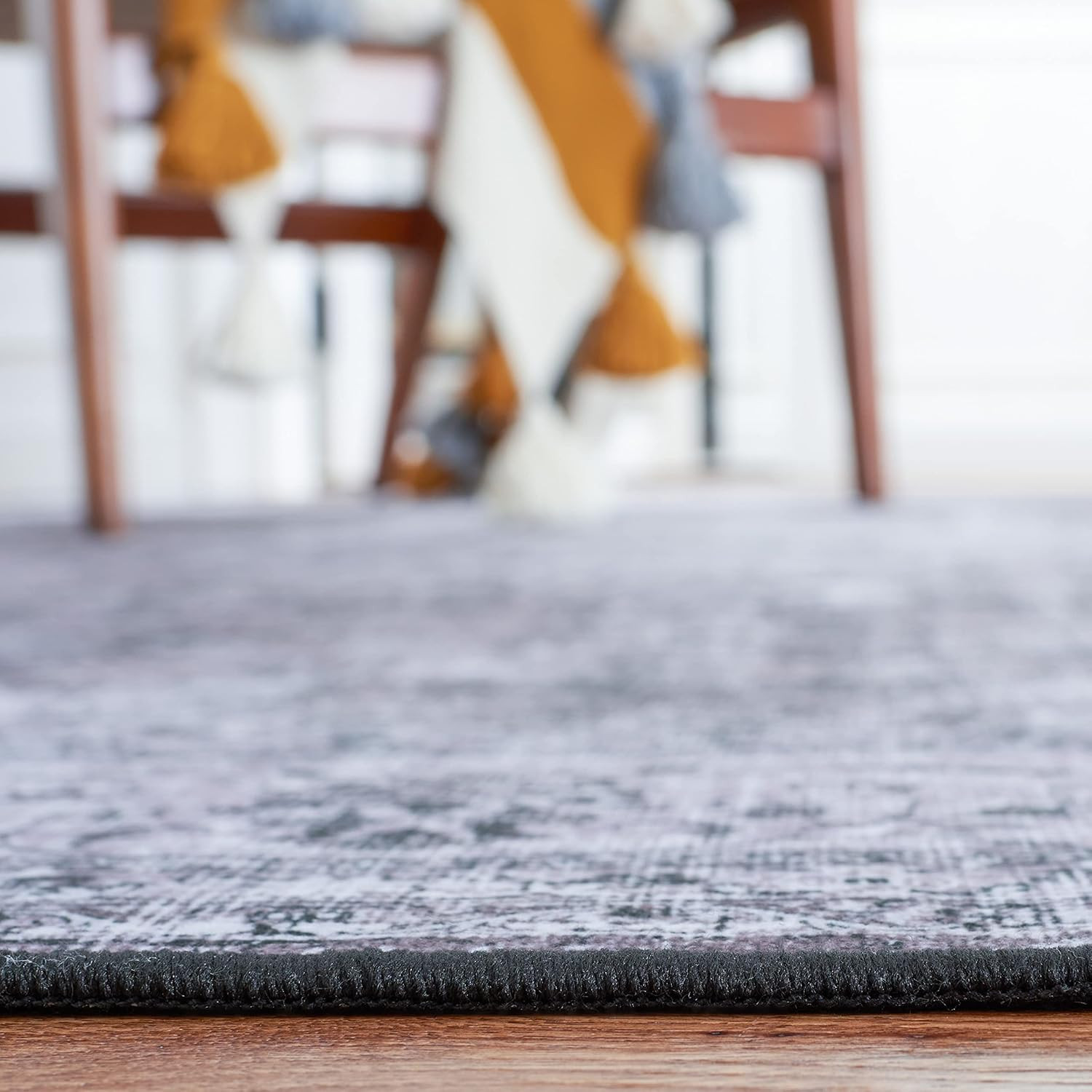 Tucson Washable 6′ Square Rug – Black & Grey, Slip Resistant, Easy Clean