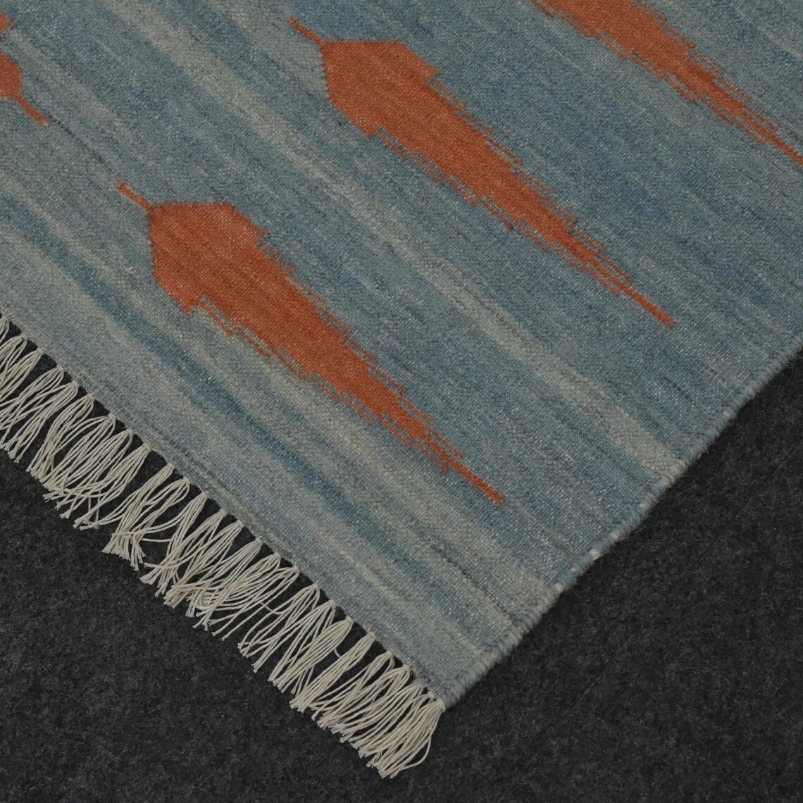 Modern Wool Kilim Rug 4×6 Handmade Blue Orange Flatweave Area Rug Free Shipping