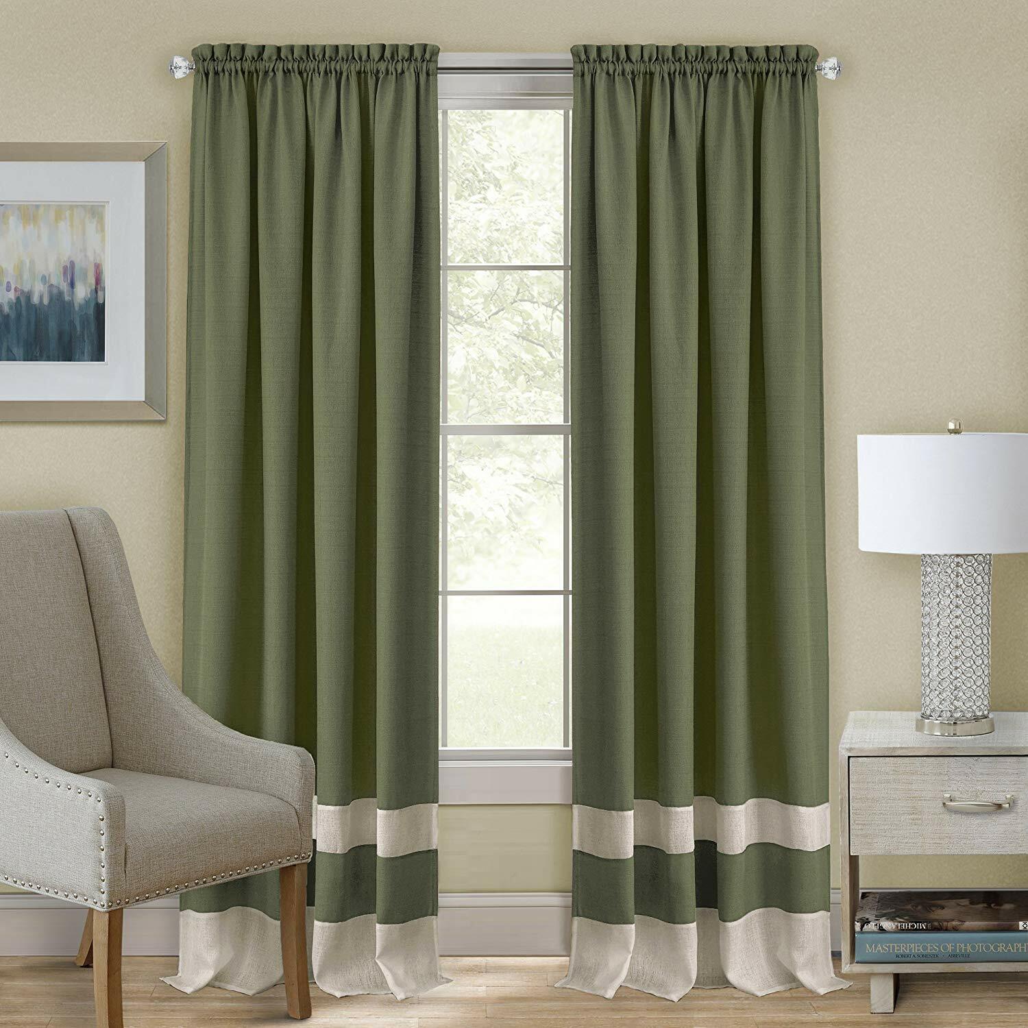 Green/Beige Modern Two-Tone Window Curtains Panel Tiers Kitchen or Home