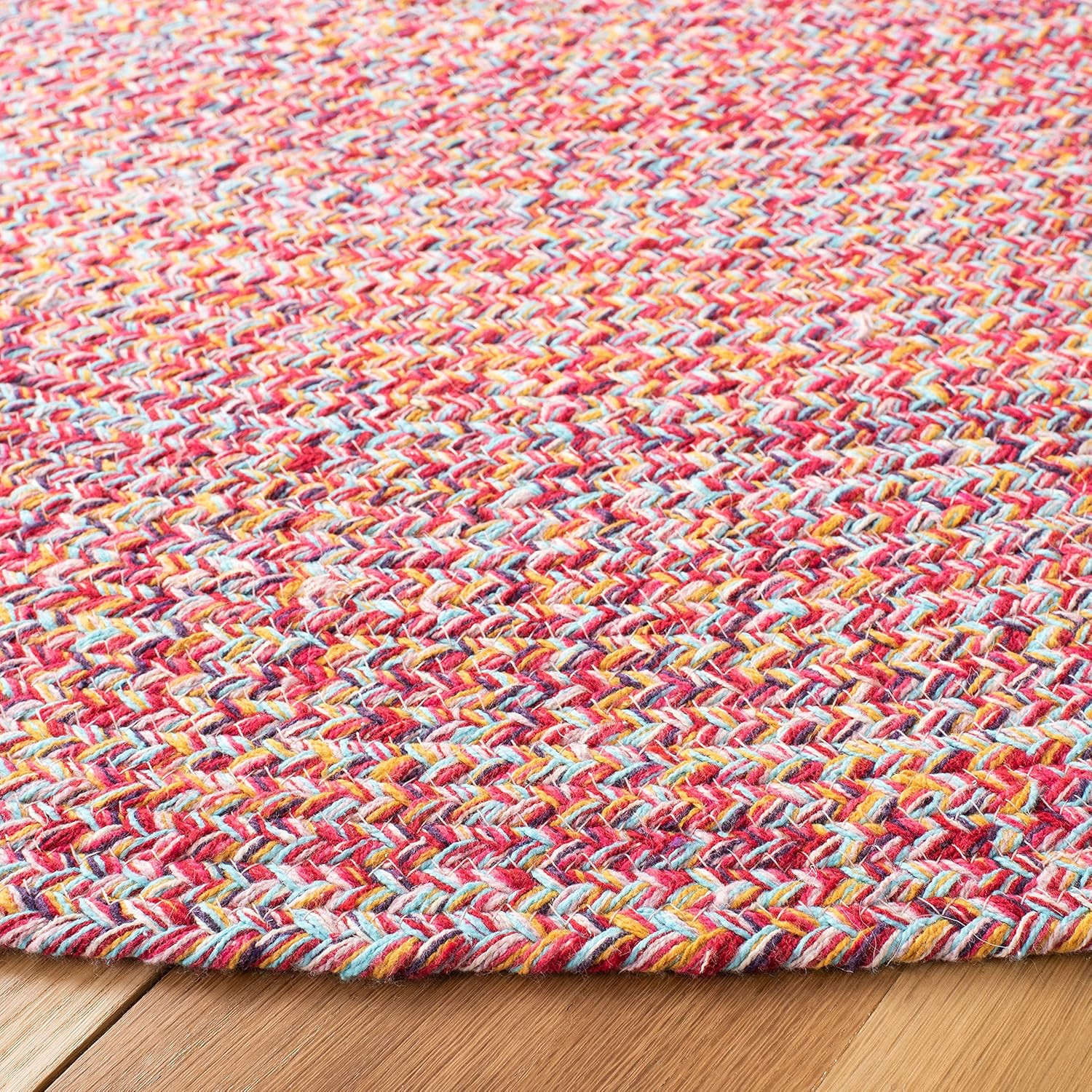 Braided Round Area Rug – 6′ Pink & Yellow Cotton, Easy Care for High Traffic