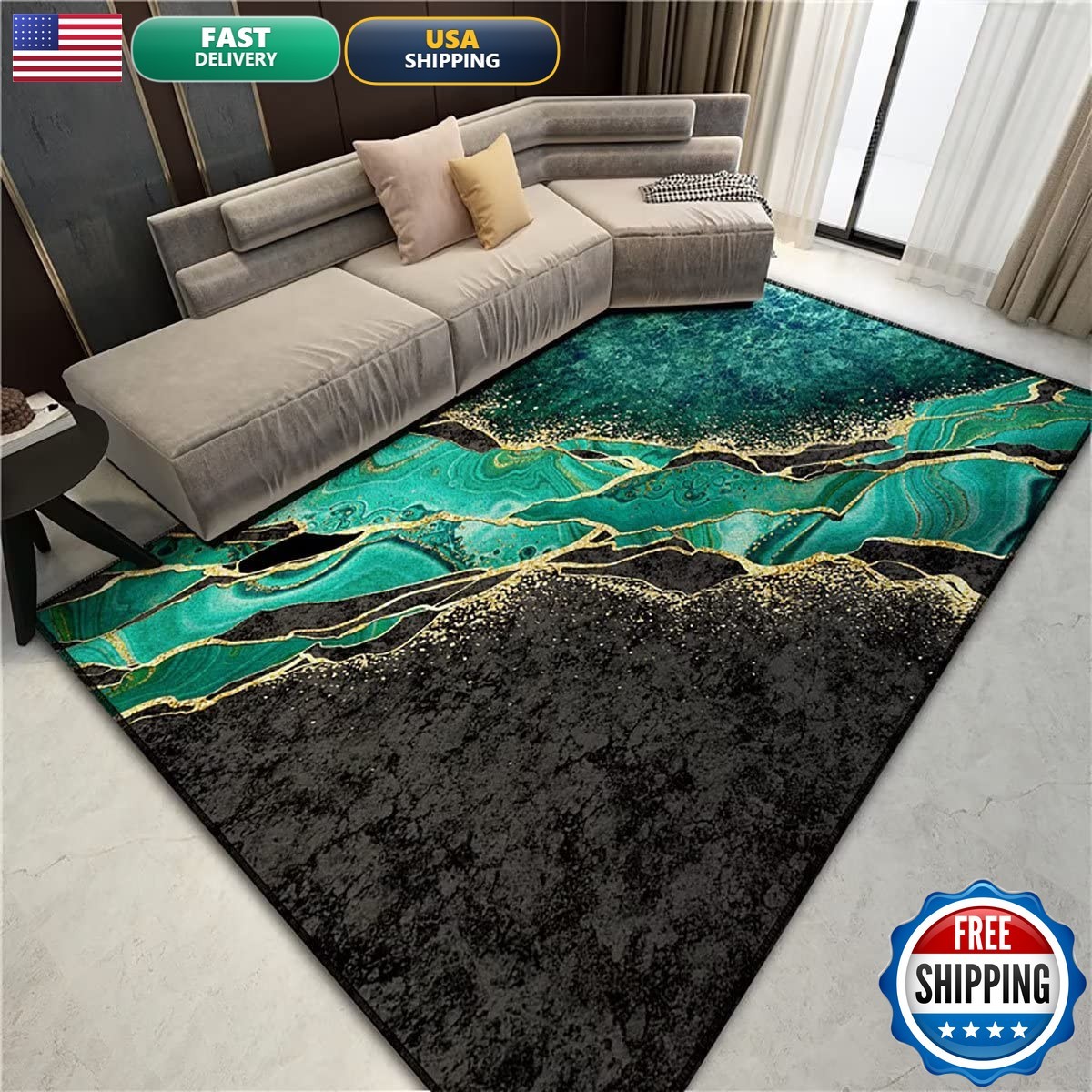 Qkjtyt Emerald Green Black Abstract Marble Area Rugs Modern Glitter Swirl Throw
