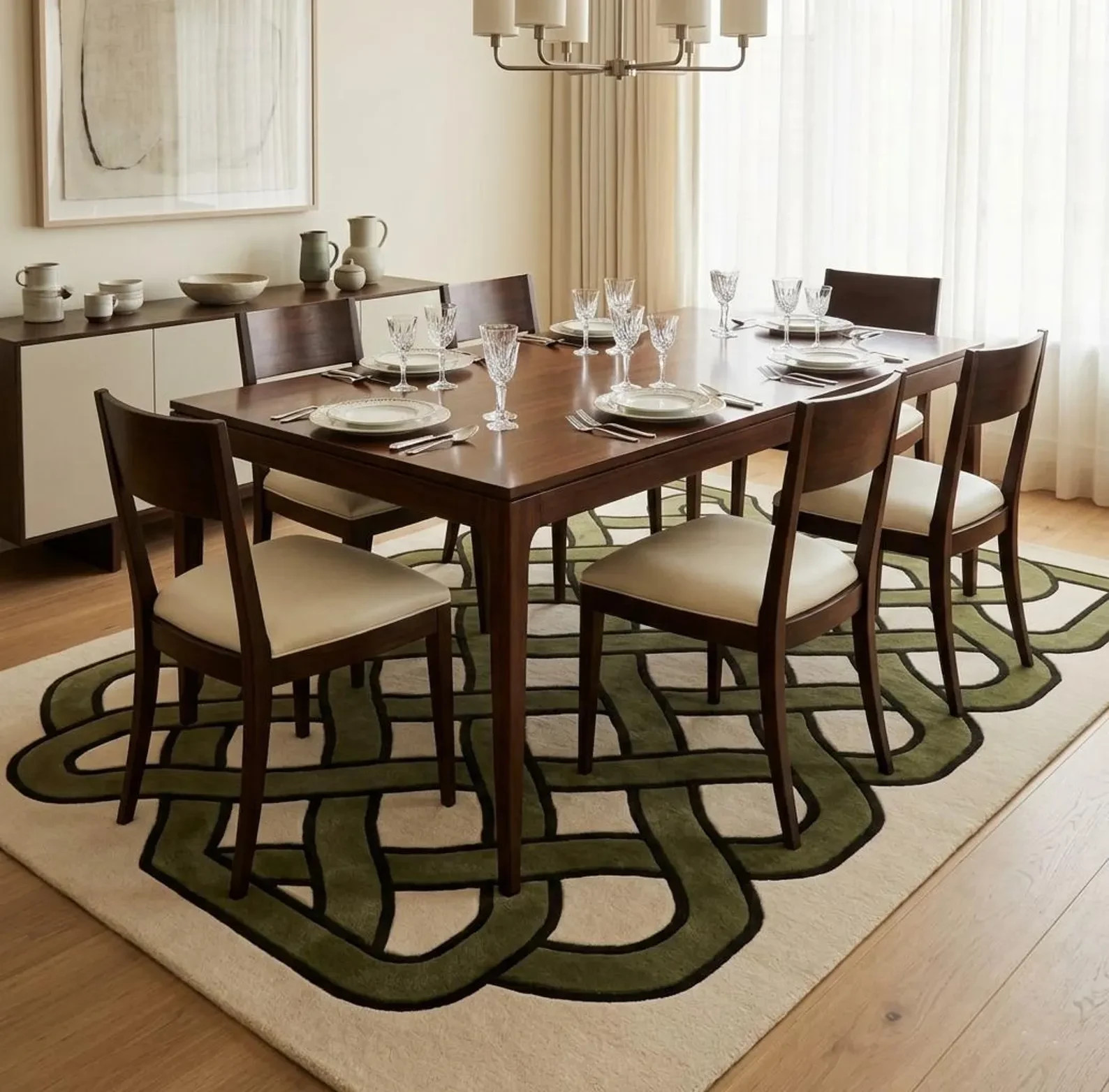 Luxury Celtic Knot Wool Rug Green Geometric Interlocking Hand Tufted Living Room