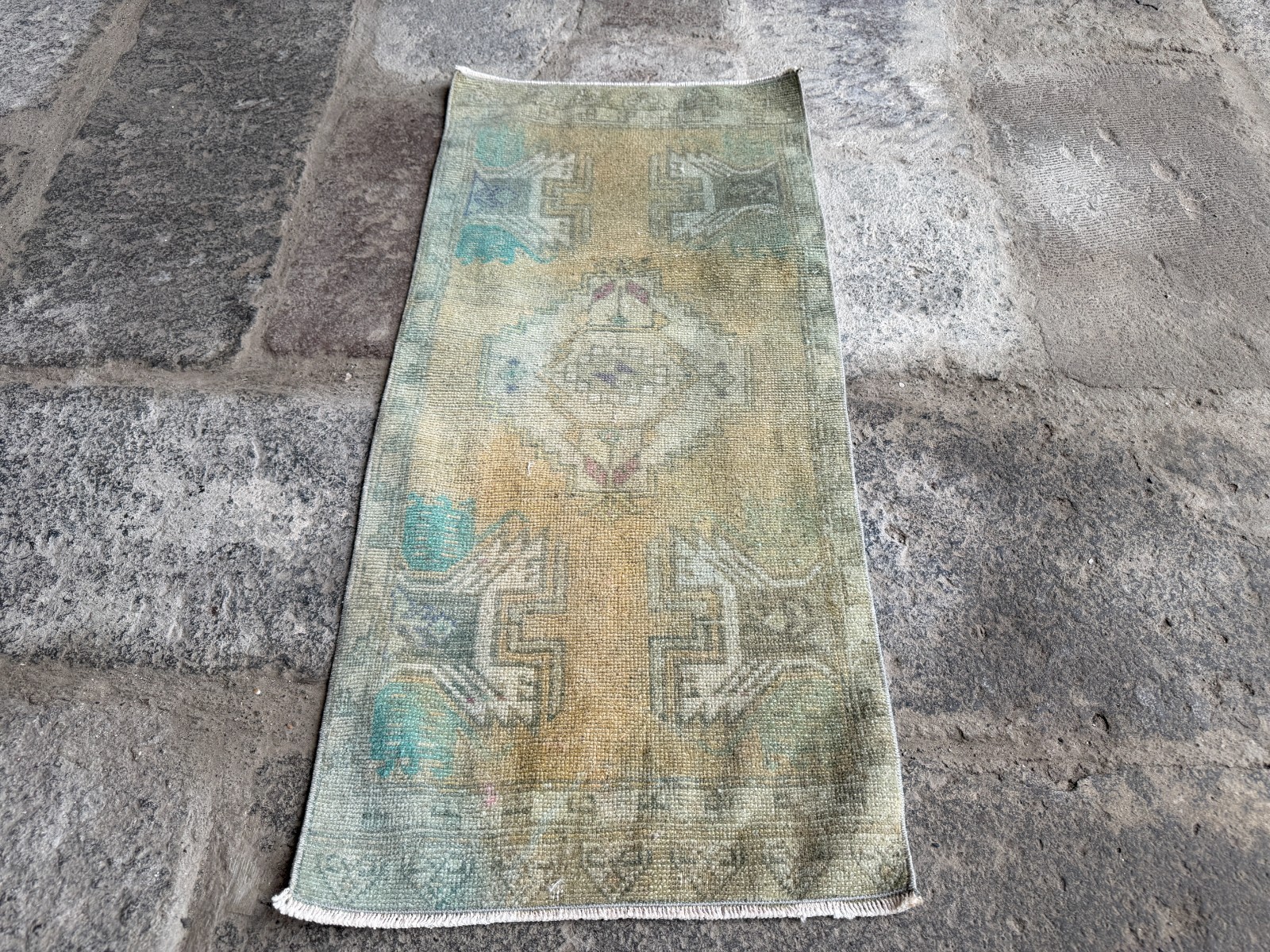 Vintage Turkish Small Rug 1.5×3.2ft Sage Green Oushak Distressed Boho Accent Mat