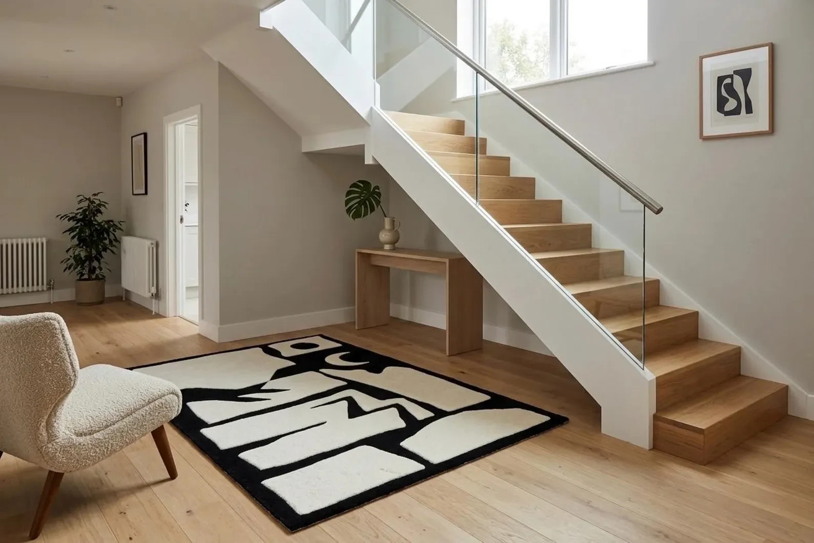 Modern Abstract Wool Rug Black White Matisse Geometric Hand Tufted Bedroom Carpe