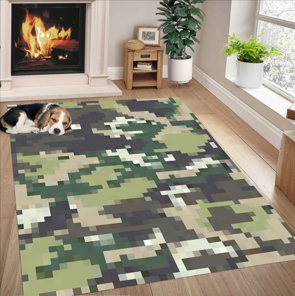 Brown Green White Misty Shades Camo Pattern Carpet Stain Resistant Washable Rugs