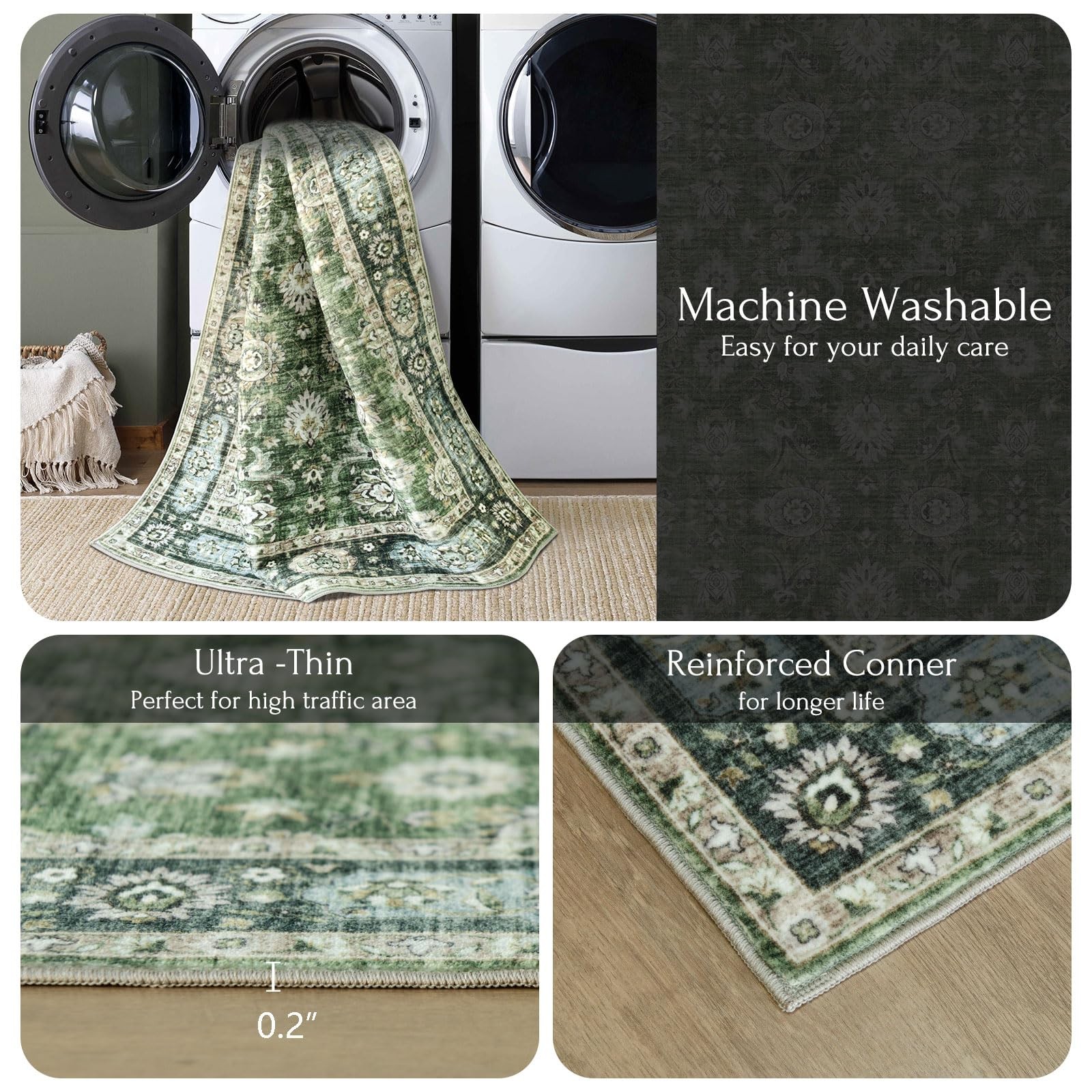 Blissa Washable Area Rug 6X9 – Large Green Living Room Rug Vintage Retro Carpet