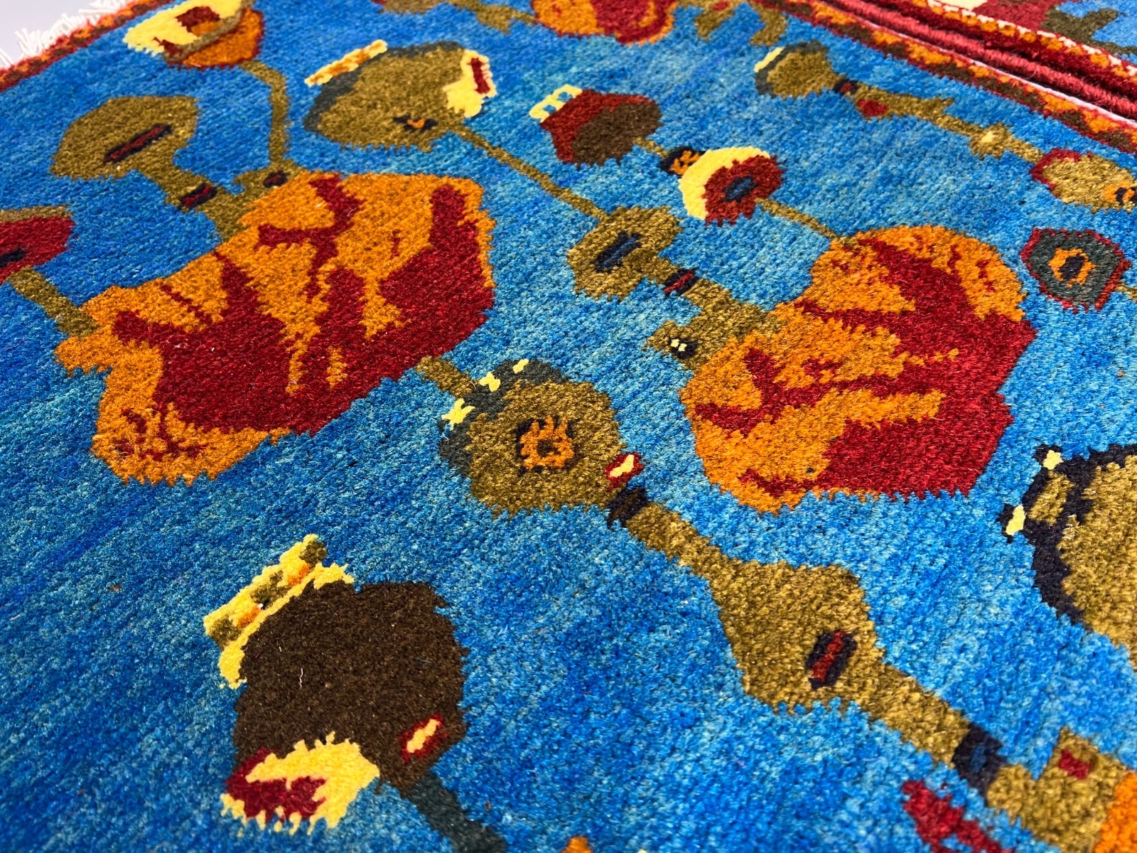 2×2 Set of 2 Afghan Blue Poppy Rugs Handmade Wool Opium Flower Tribal Accent