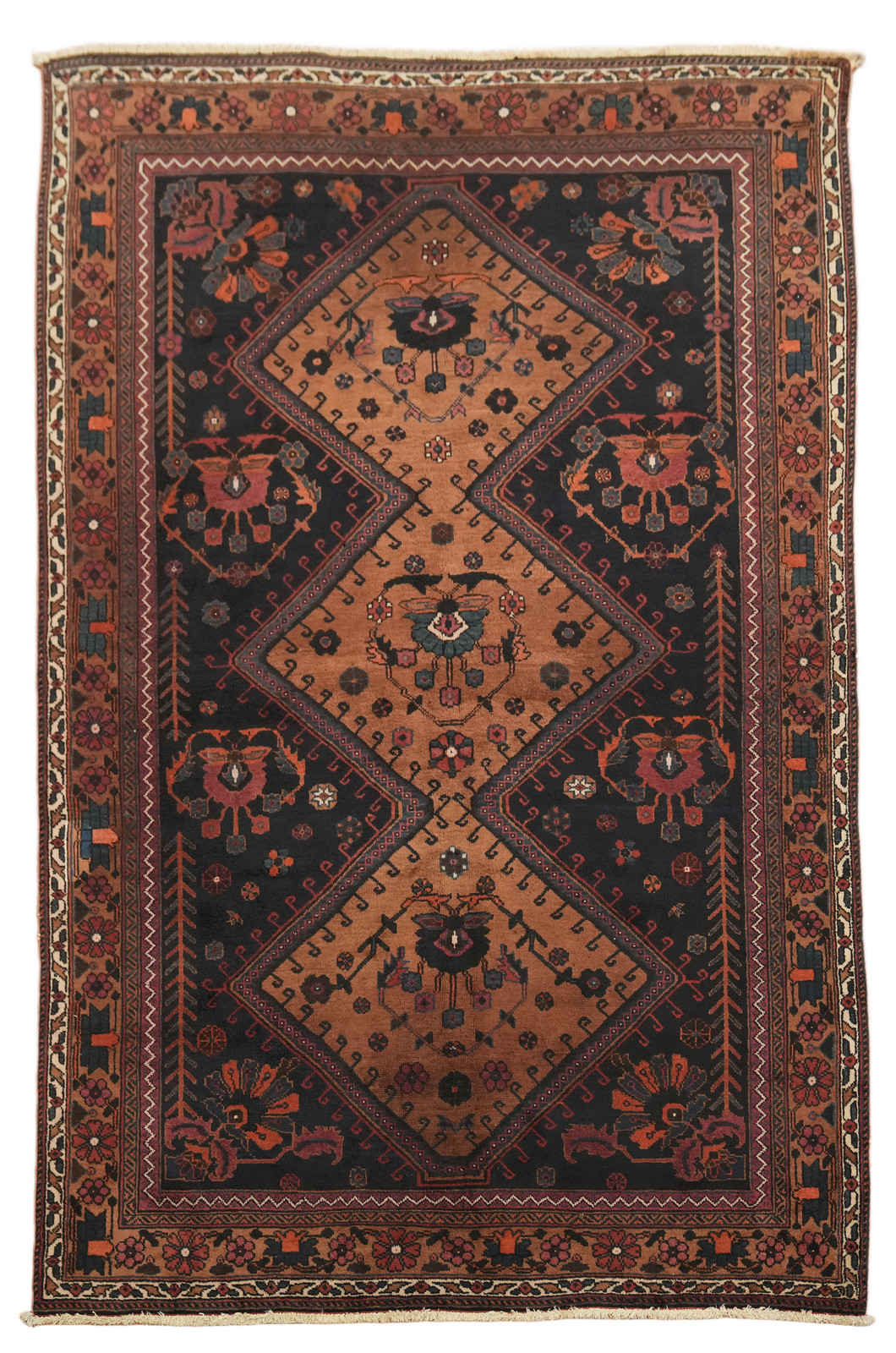 5×8 Hand-Knotted Wool Area Rug in Medallion Tribal Oranges & Navy Blue Hues