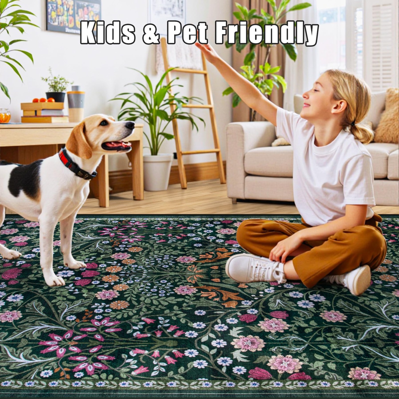 8×10 Area Rugs for Living Room: Floral 8′ x 10′ (Rectangular), Dark Green