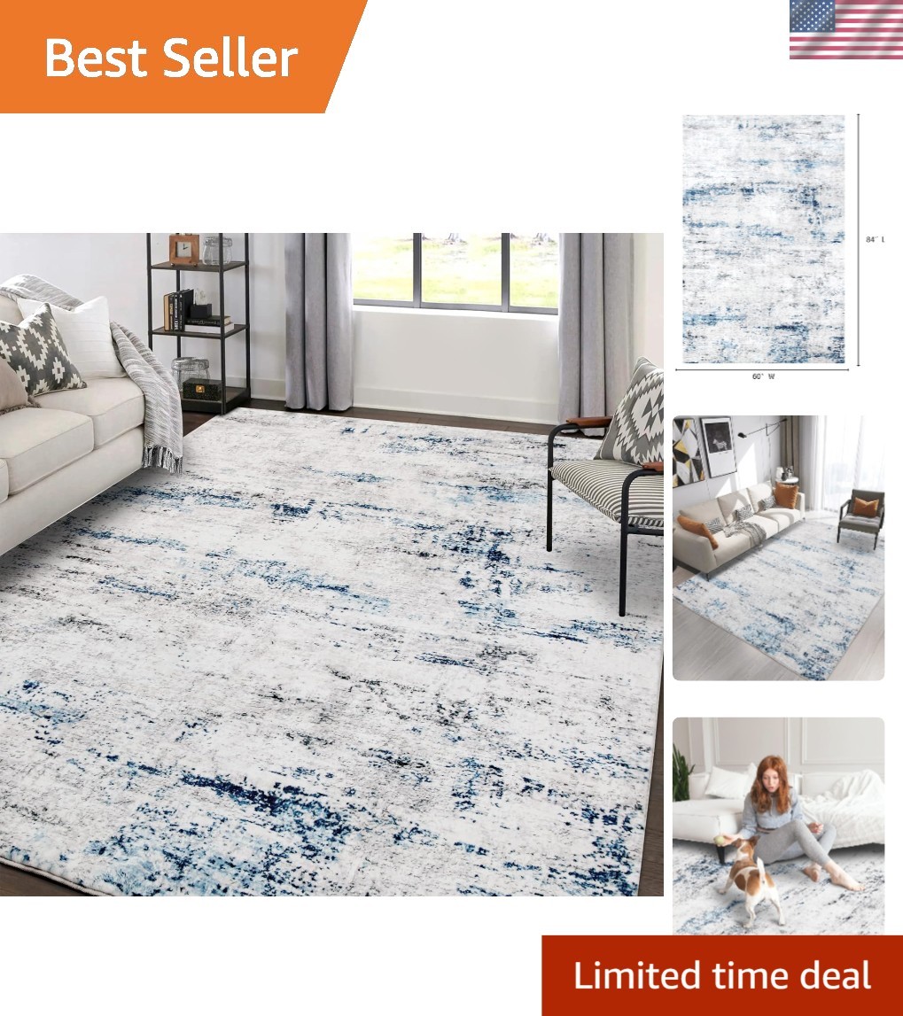 Elegant 5×7 White Gray Blue Abstract Rug with Soft Texture and Non-Slip Backing