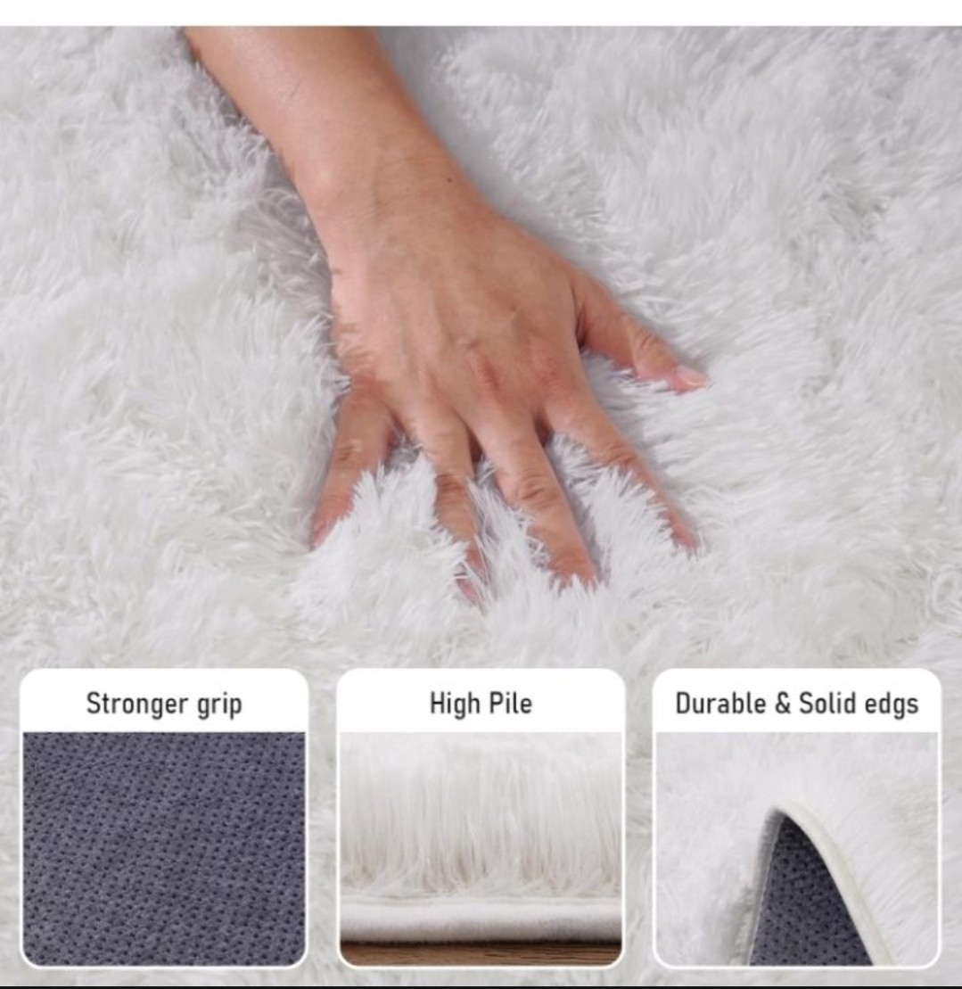 Plush White High Pile Area Rug Durable Edges Easy to Clean Modern Rectangle