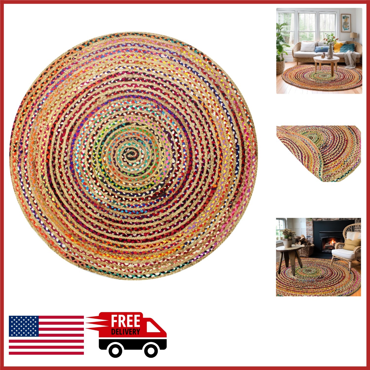 8 Feet Round Jute Chindi Braid Rug Multi Color Handmade Reversible Area Rug