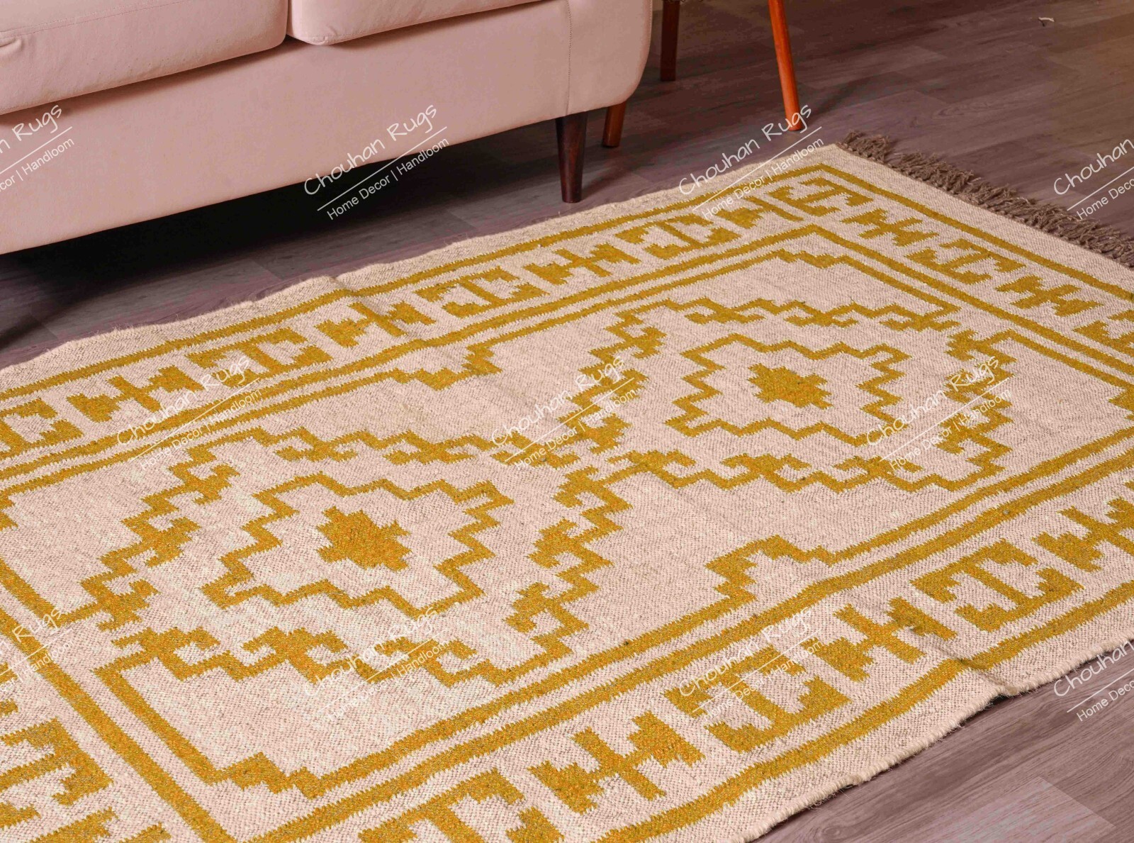 Indian Handwoven Kilim Rug With Yellow Design Rug, Fringes Jute Rug, Large Rug