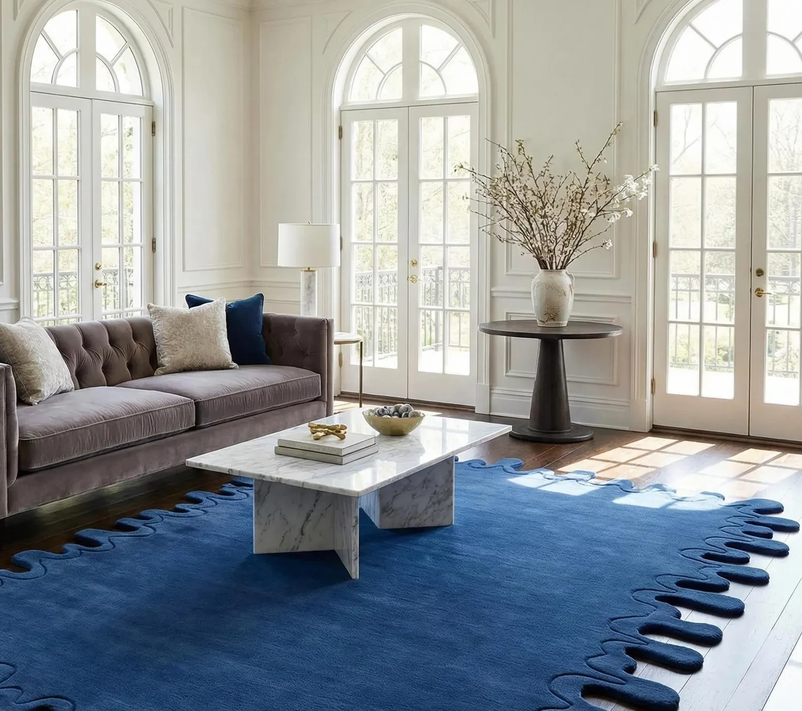 Modern Blue Abstract Area Rug Unique Irregular Edge Carpet Luxury Living Room