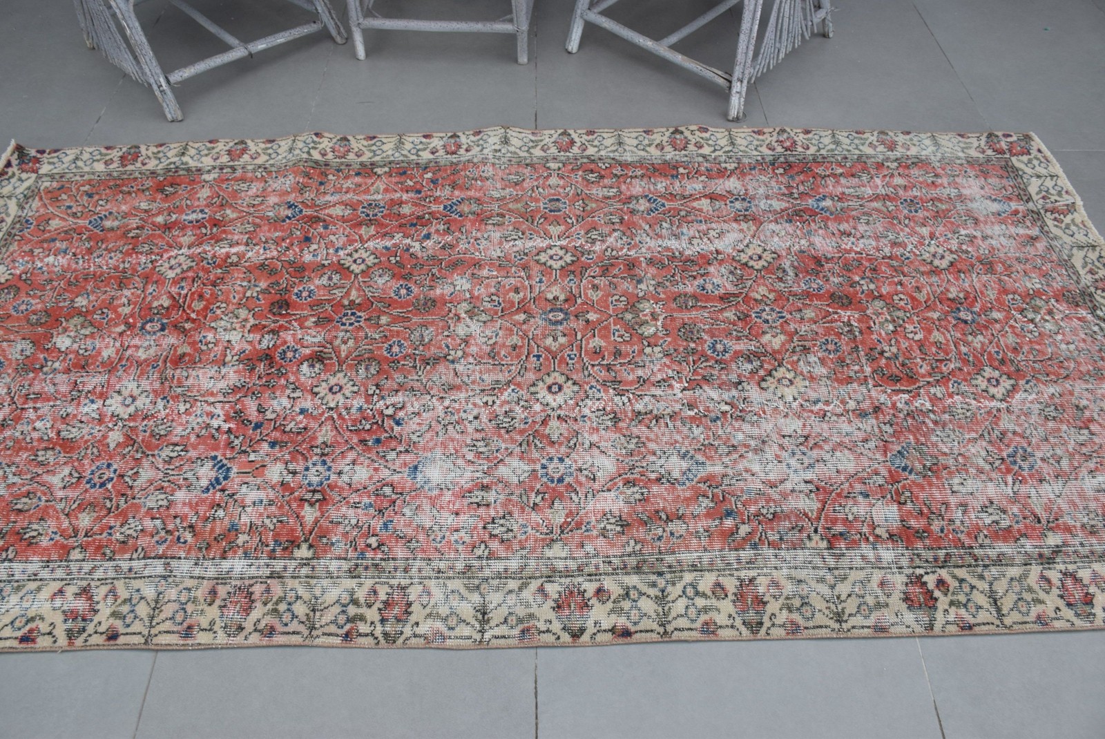 Turkish Area Rug 4,4×8,8 ft, Red Blue Oriental Rug Wool