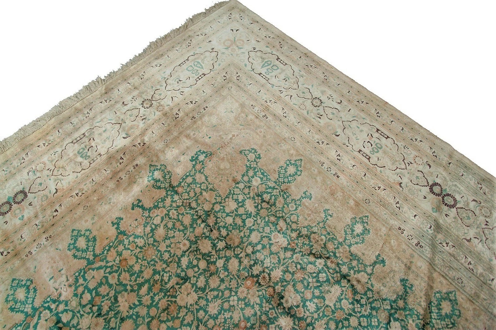 10×14 Fine Silk Rug Ivory Aqua Floral Lattice Elongated Medallion Oriental Rug