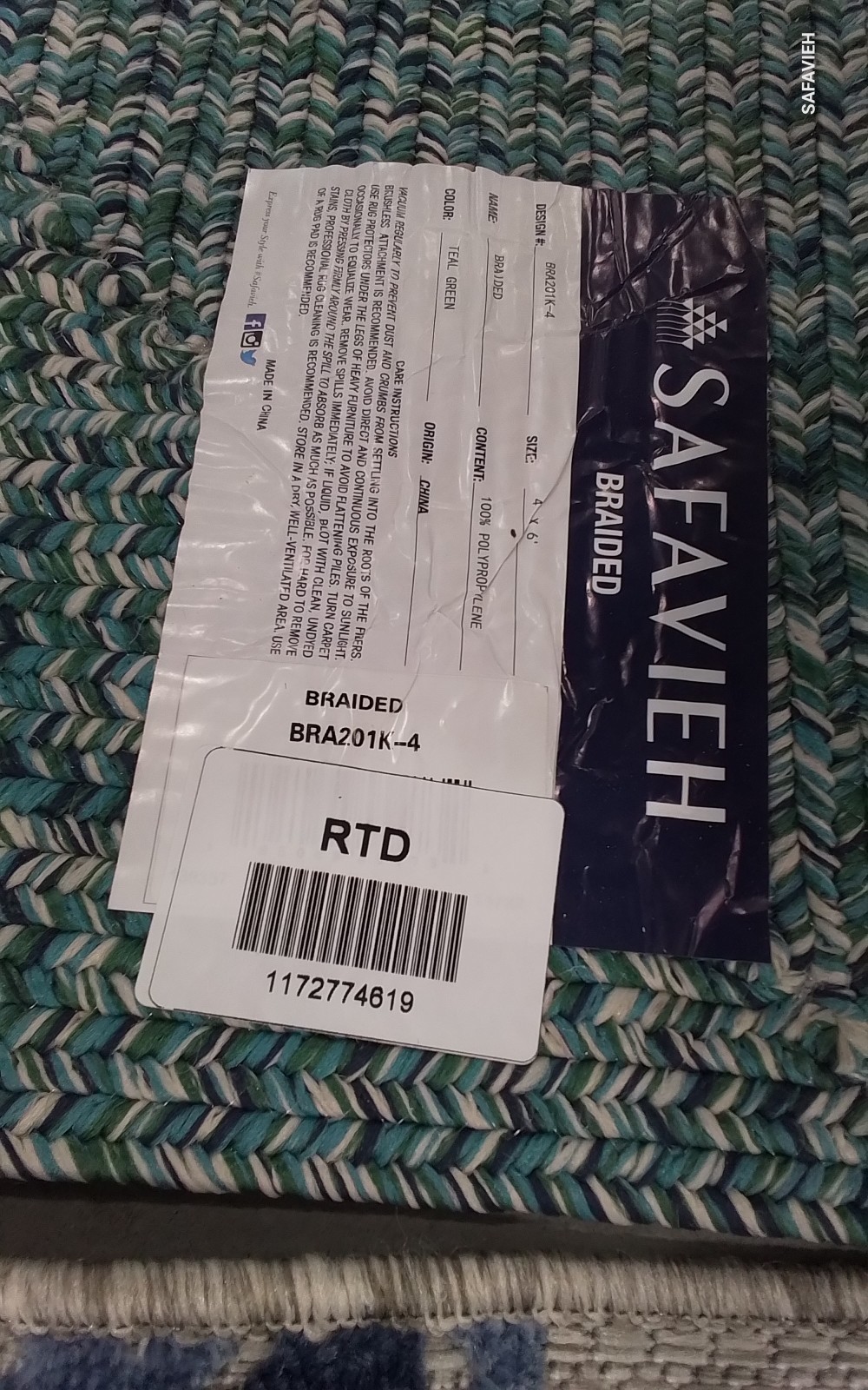 TEAL / GREEN 4′-0″ x 6′-0″ Broken Thread Rug, Reduced Price 1172774619 BRA201K-4