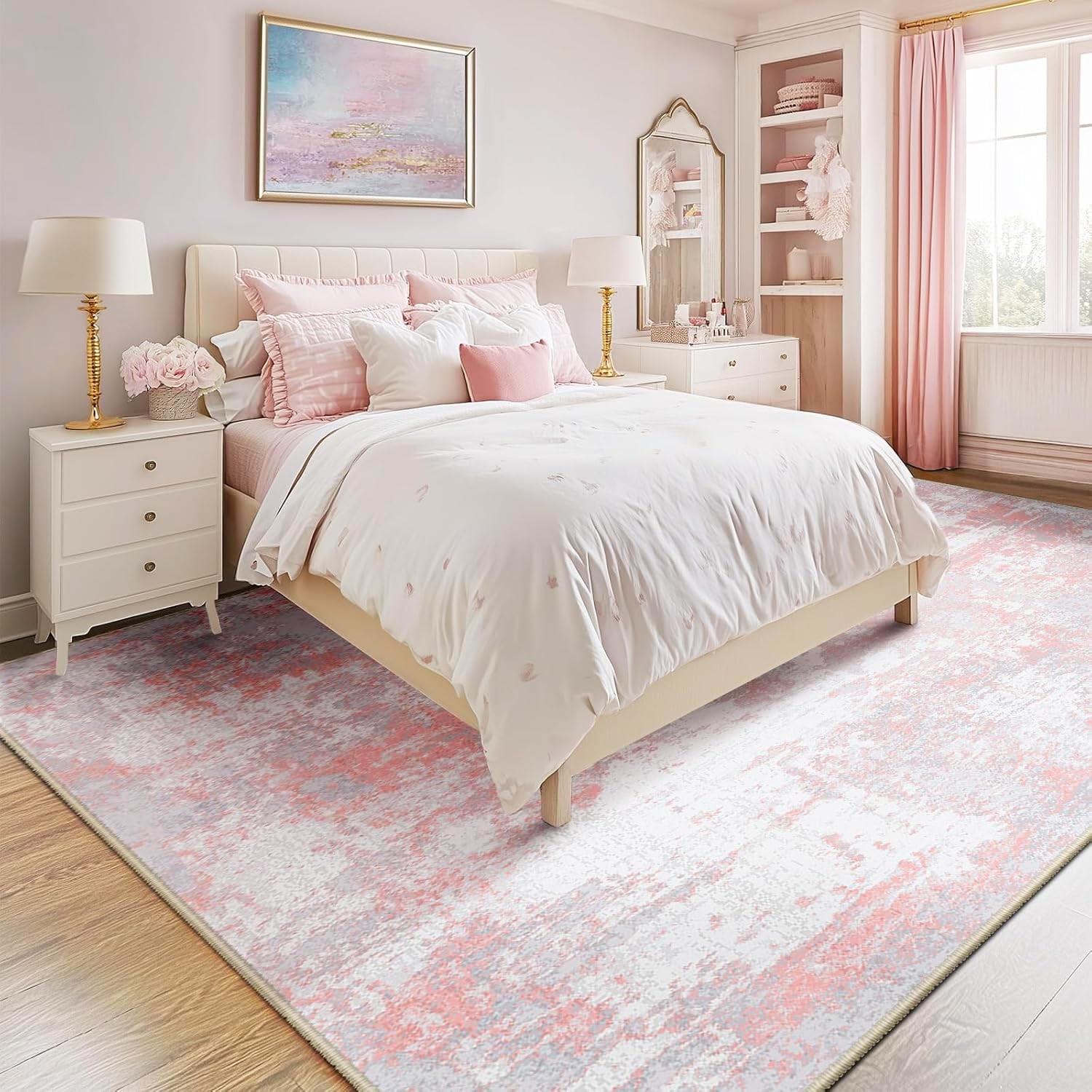 Washable 5×8 Abstract Area Rug Gray Pink Living Room Carpet