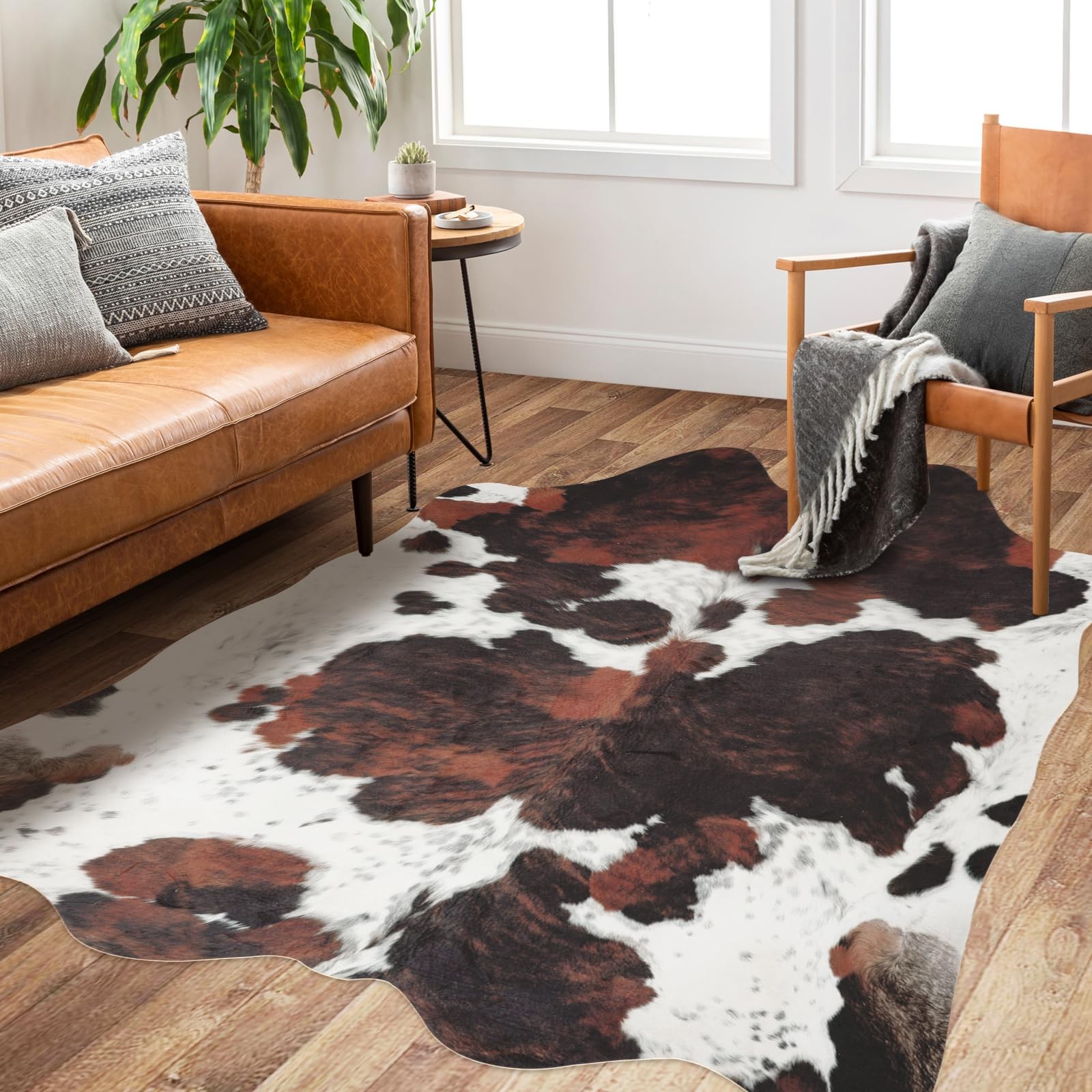 Faux Cowhide Print Rug 4.6×5.2ft – Brown Cow Hide Non-Slip Area Rug for Weste…