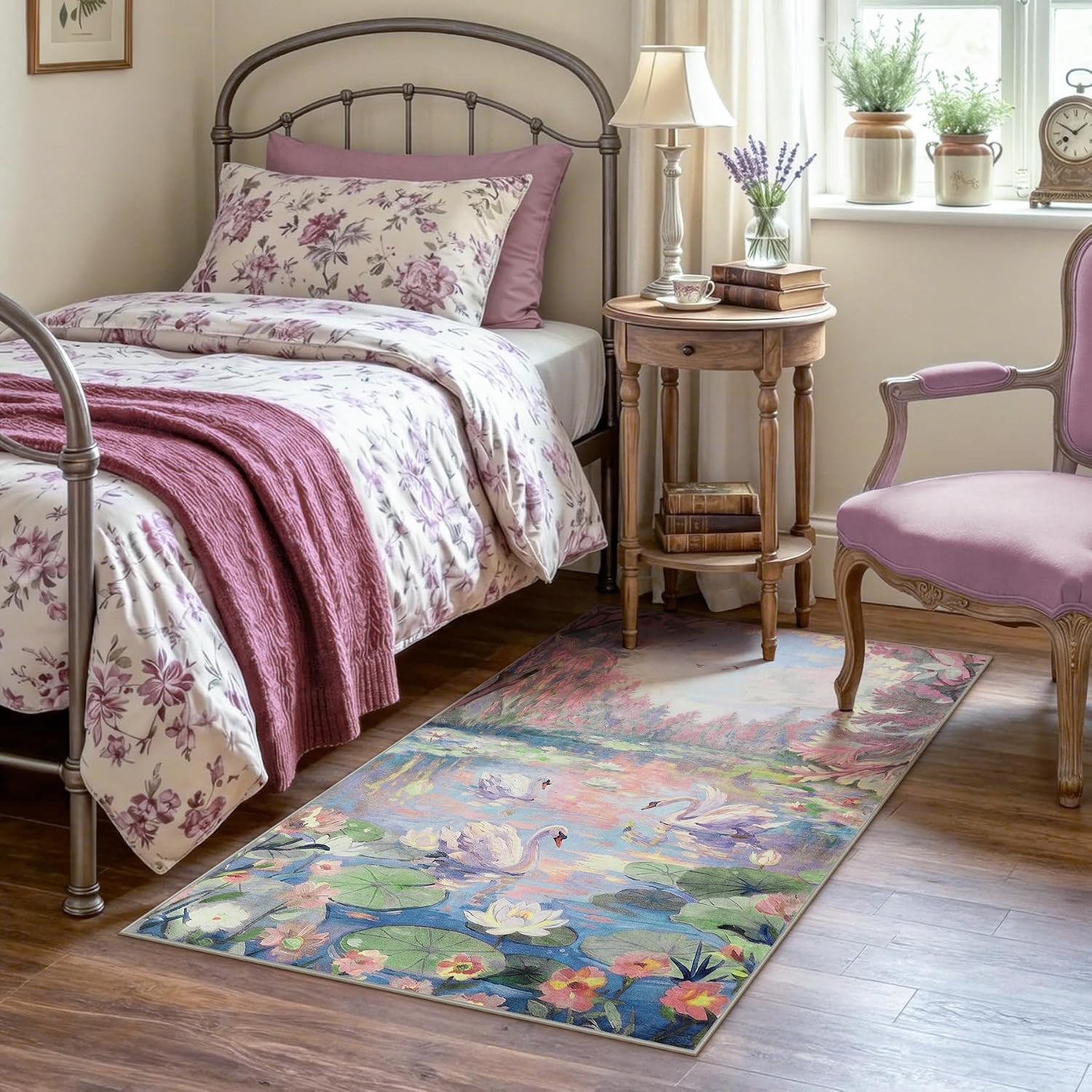 3×5/5×7 Swan Lake in oil painting style Area Rugs, Washable Soft Non Slip Carpet
